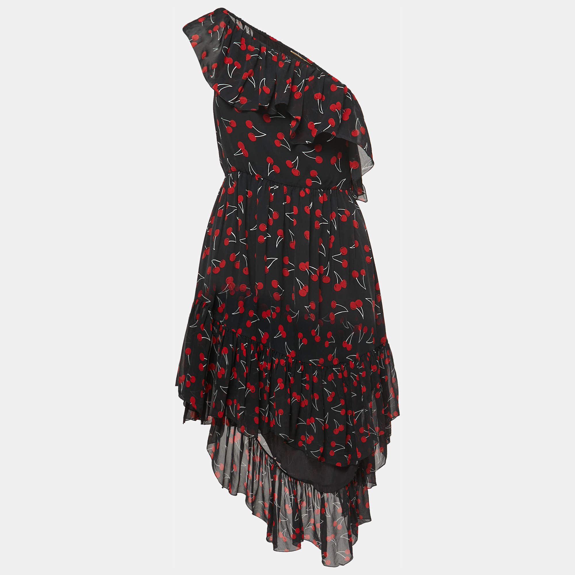 Pre Owned Saint Laurent Black Cherry Printed Silk Ruffled One-Shoulder Dress L