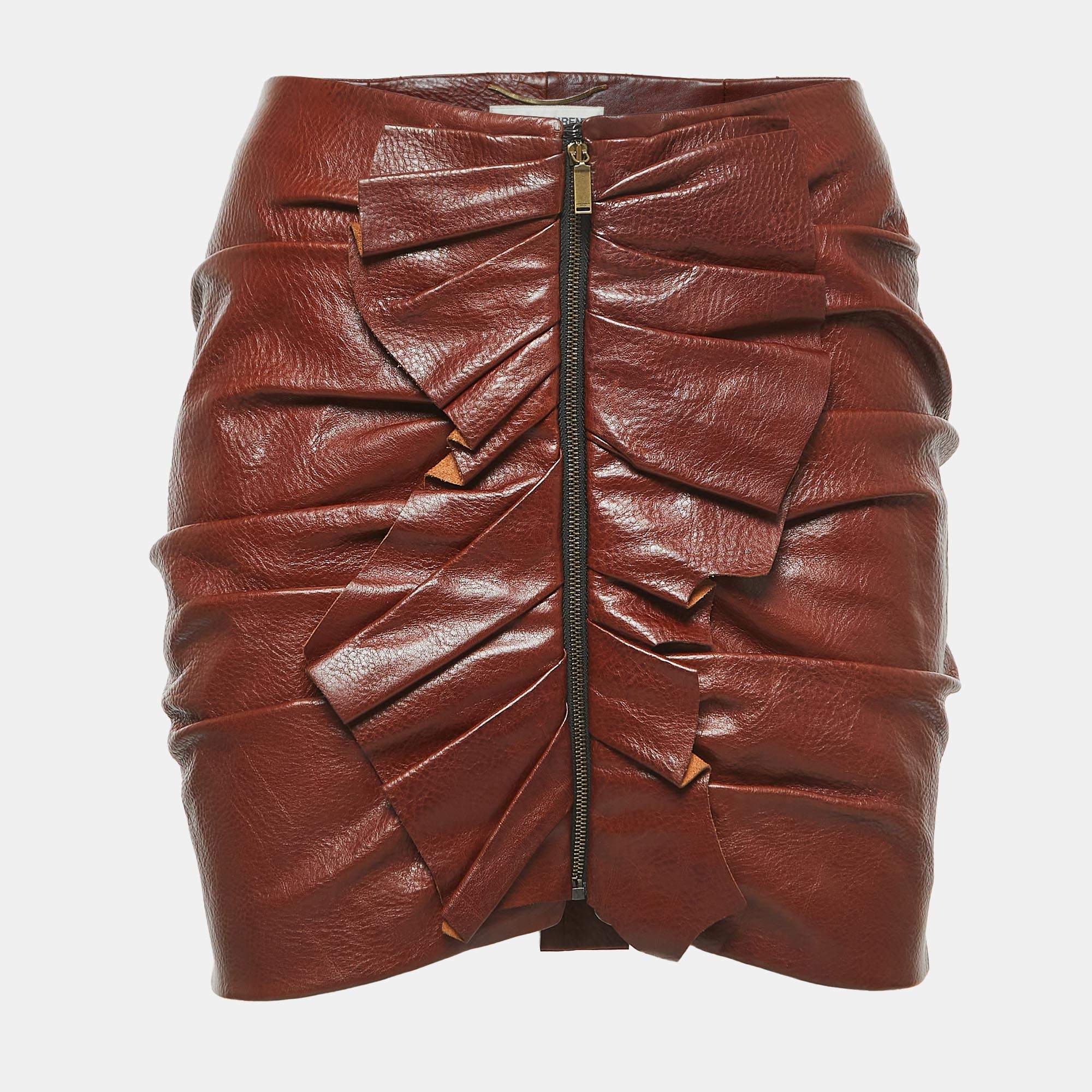 Pre Owned Saint Laurent Brown Ruched Leather Mini Skirt S