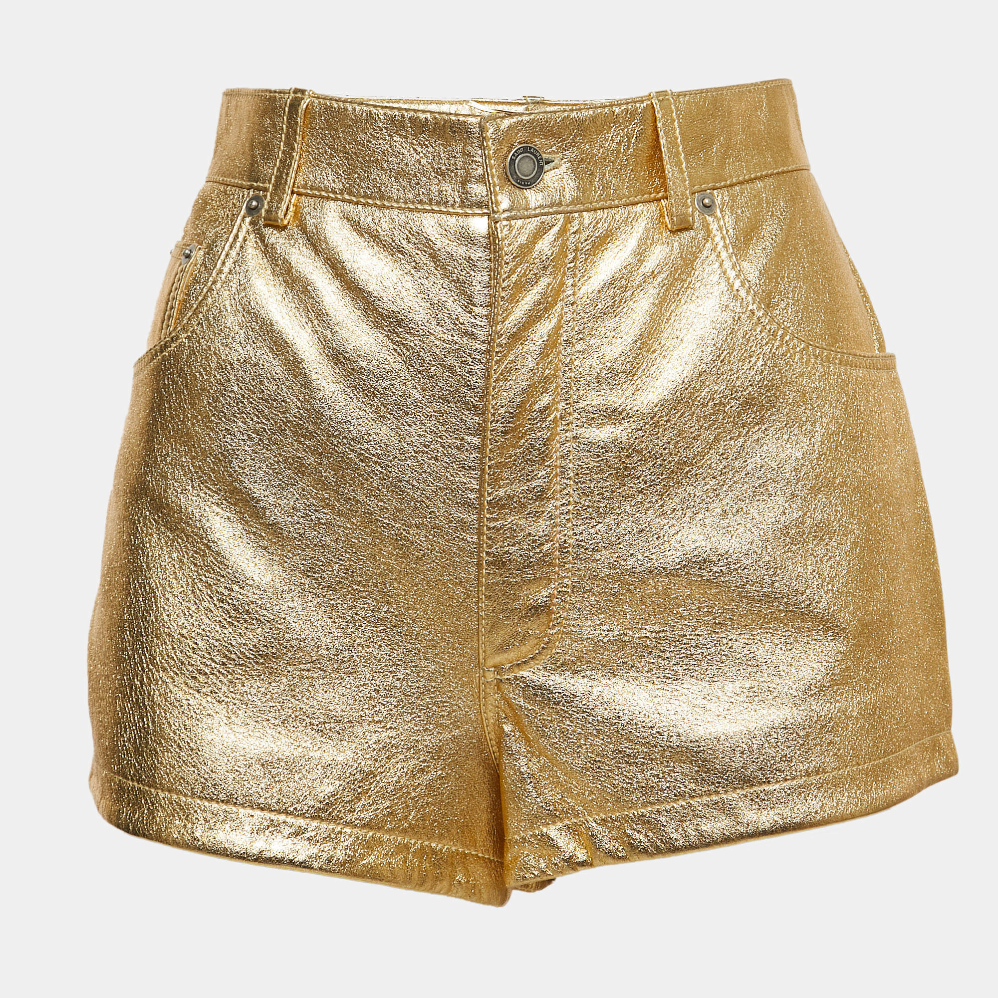 Pre Owned Saint Laurent Metallic Gold Leather Mini Shorts M