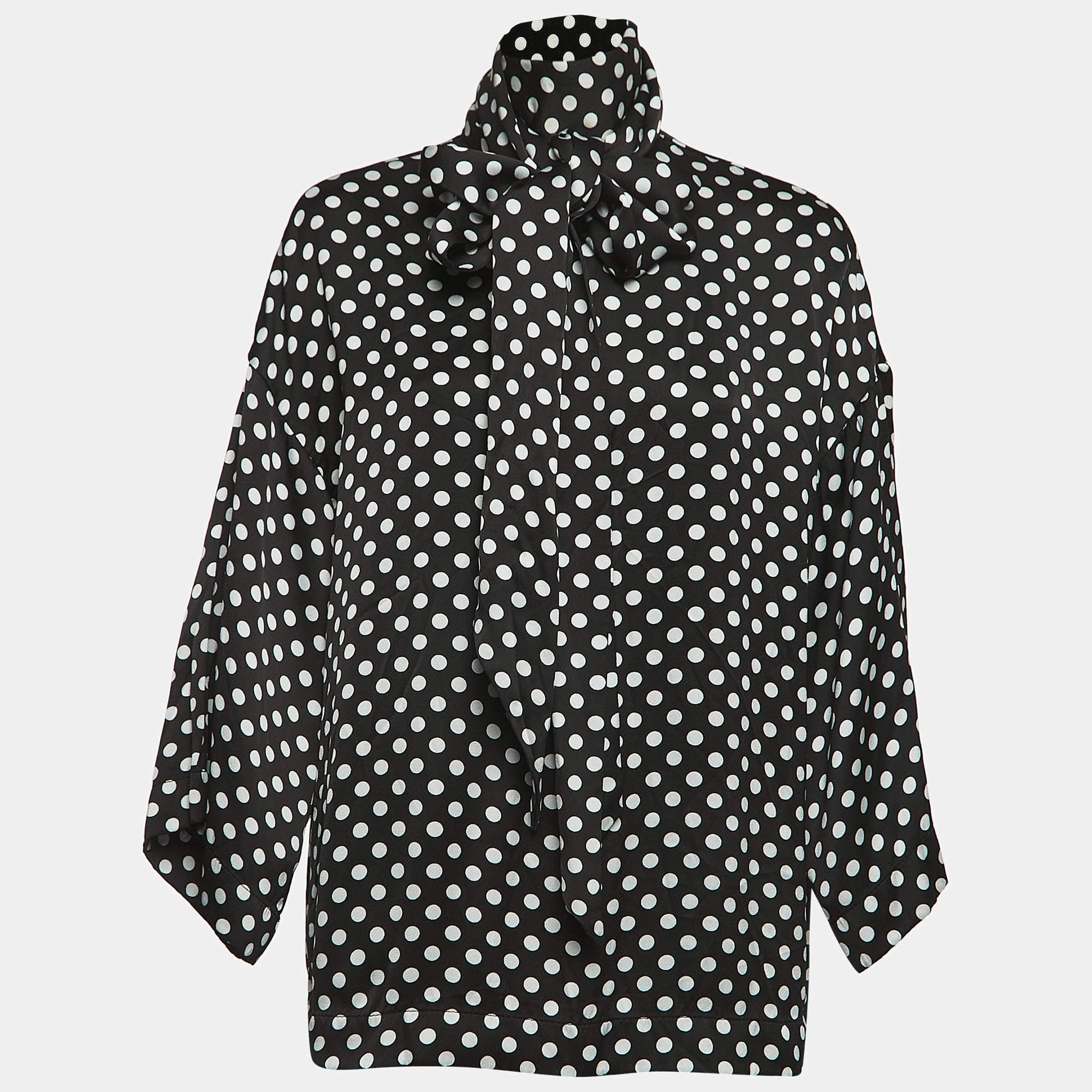 Saint Laurent Paris Black Polka Dot Crepe Tie Neck Blouse S