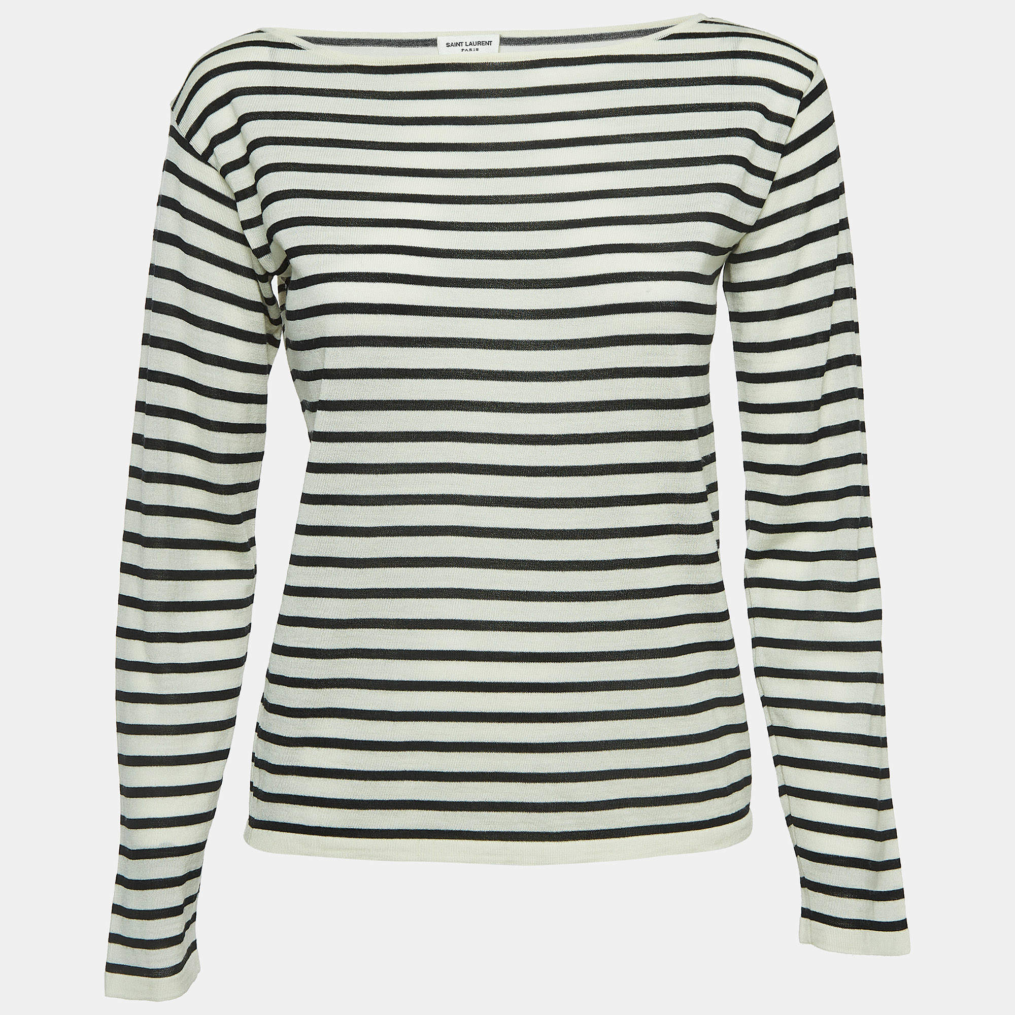 Pre Owned Saint Laurent Paris Cream Striped Wool Long Sleeve T-Shirt M