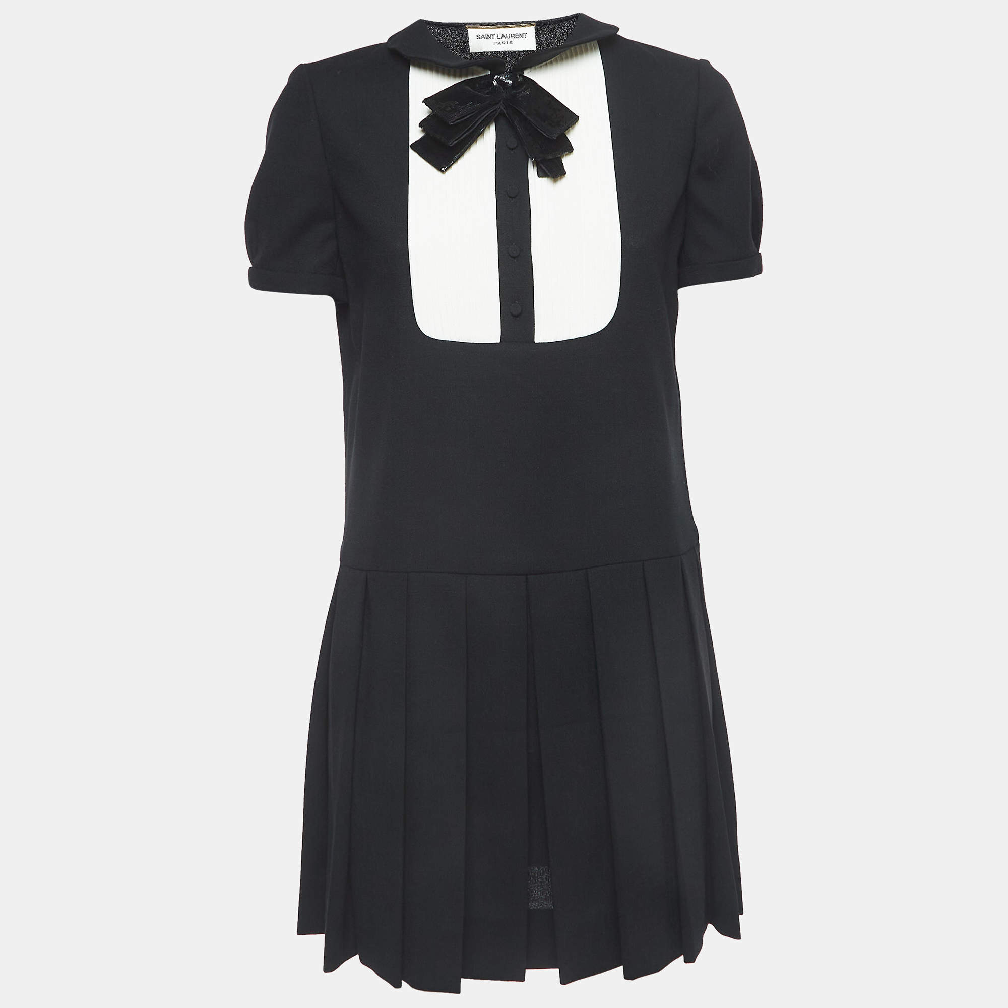 Saint Laurent Black Wool Pleated Mini Dress M