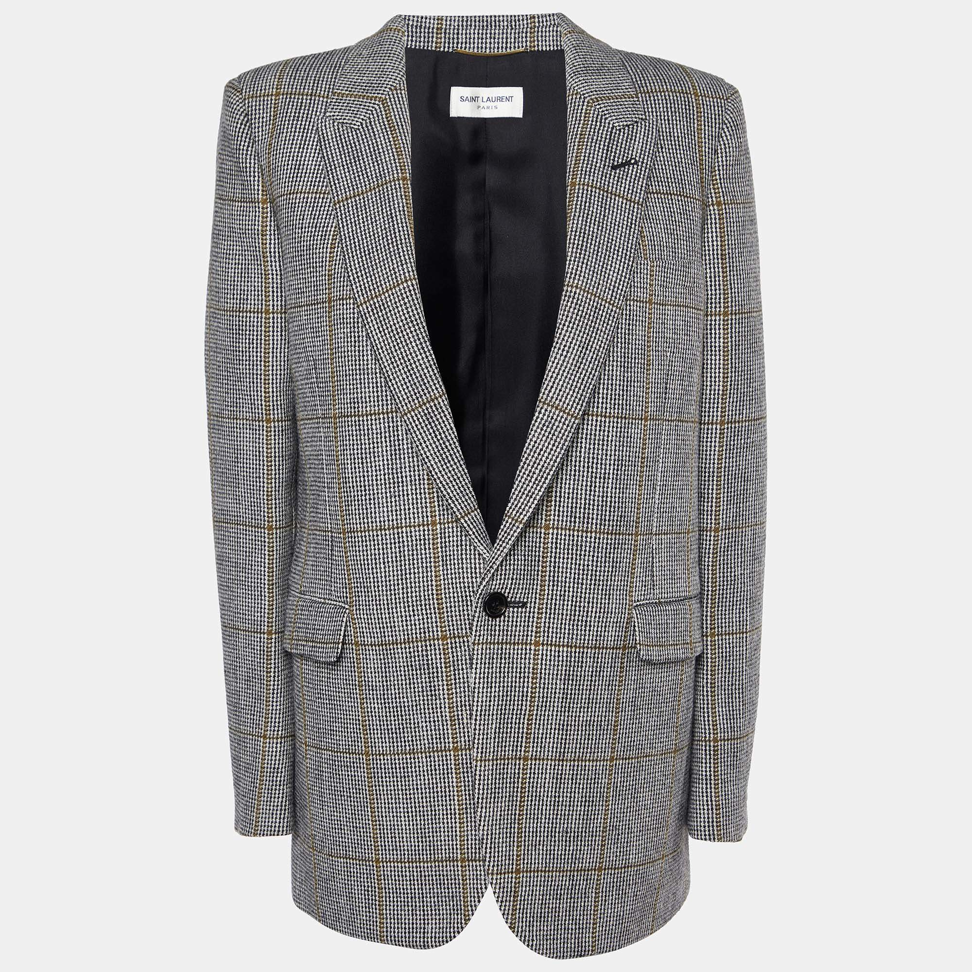 Saint Laurent Craie Noir Ocre Checked Wool Tailored Blazer M