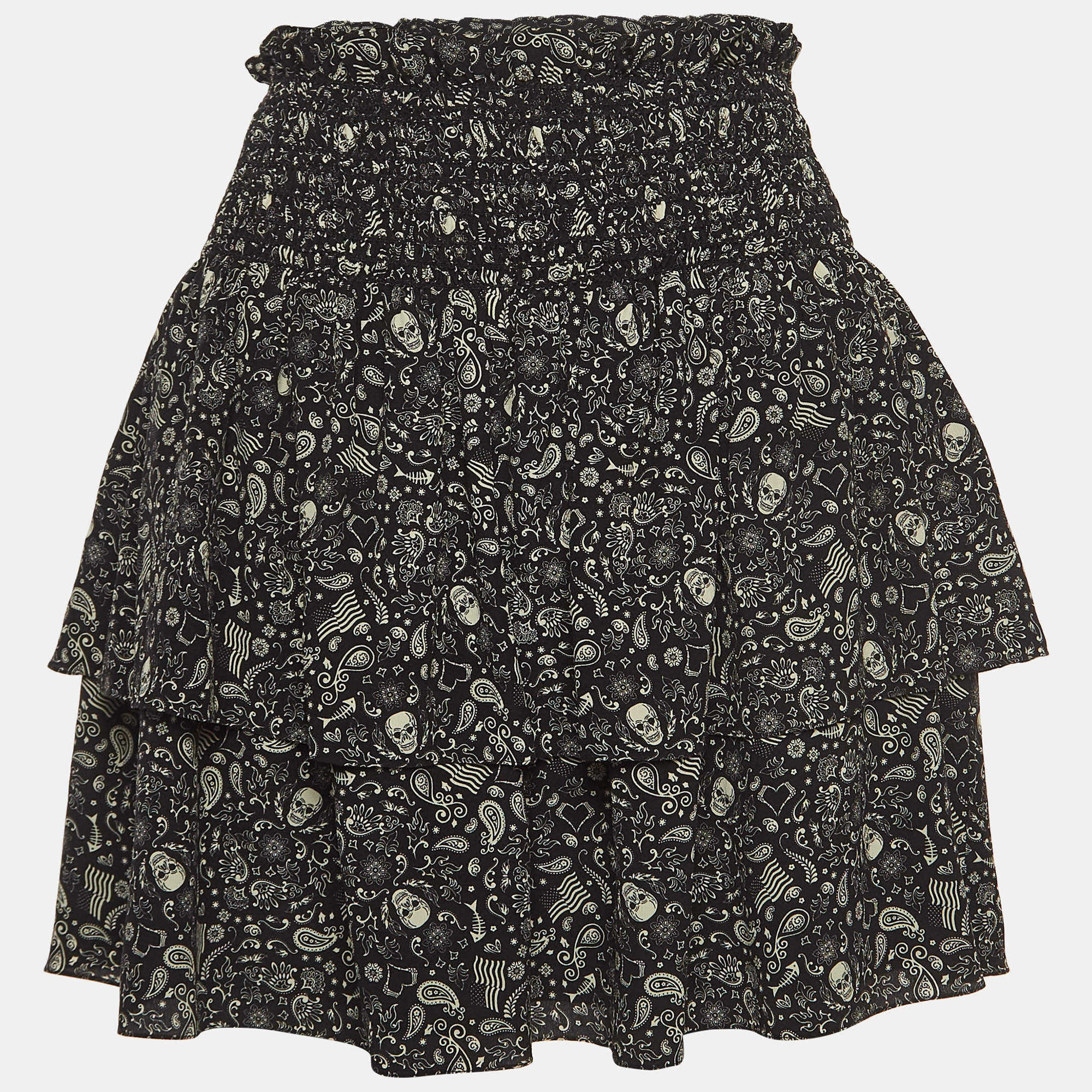 Saint Laurent Black Skull Print Silk Shirred Mini Skirt M