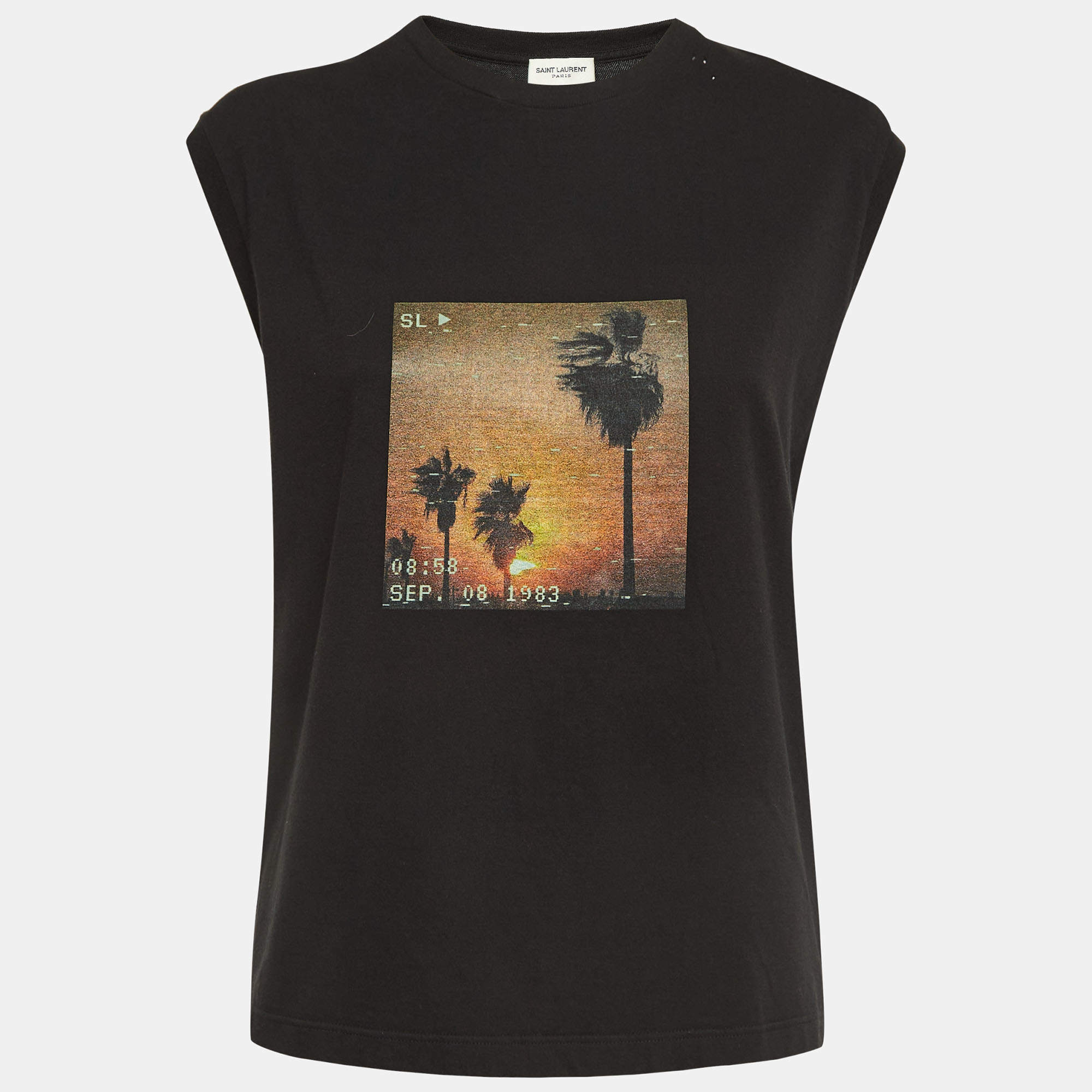 Pre Owned Saint Laurent Black VHS Print Cotton Ripped Sleeveless T-Shirt M