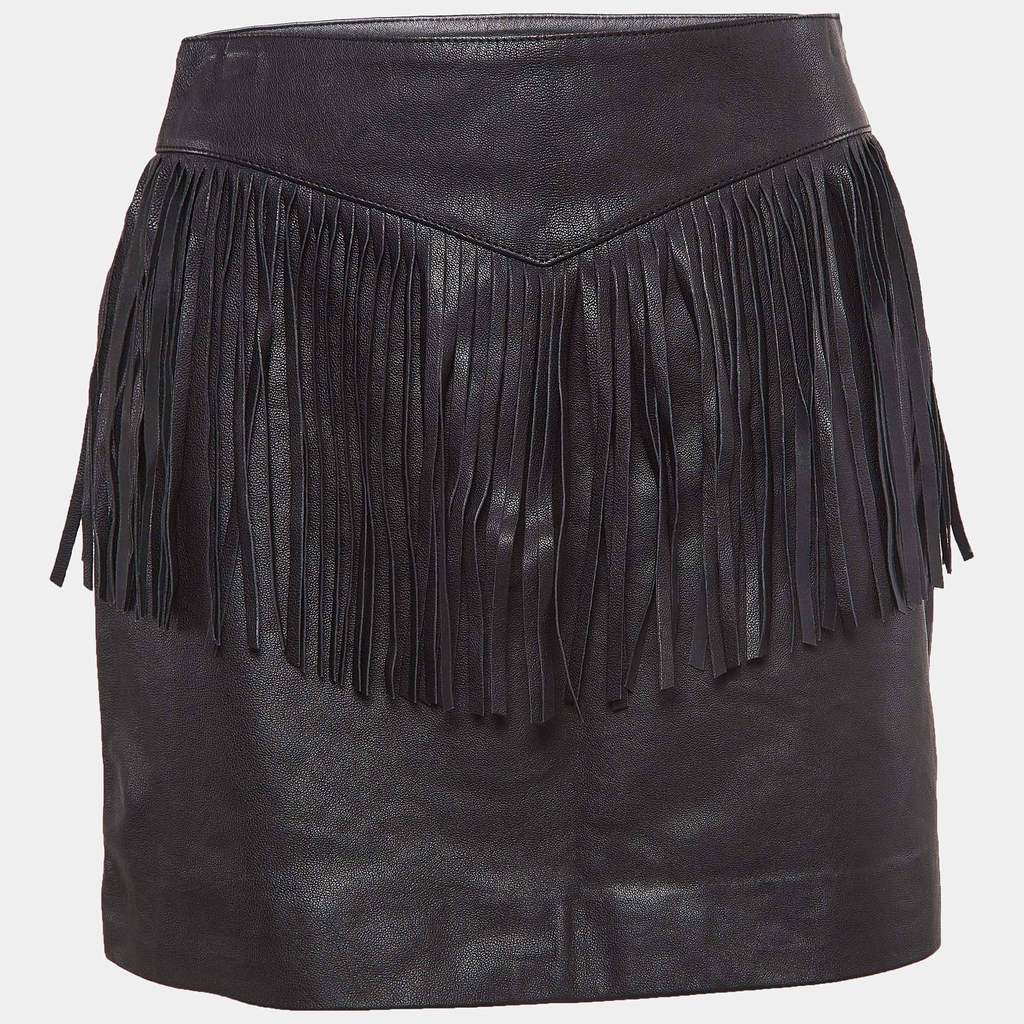 Pre Owned Saint Laurent Black Leather Fringe Detail Mini Skirt M
