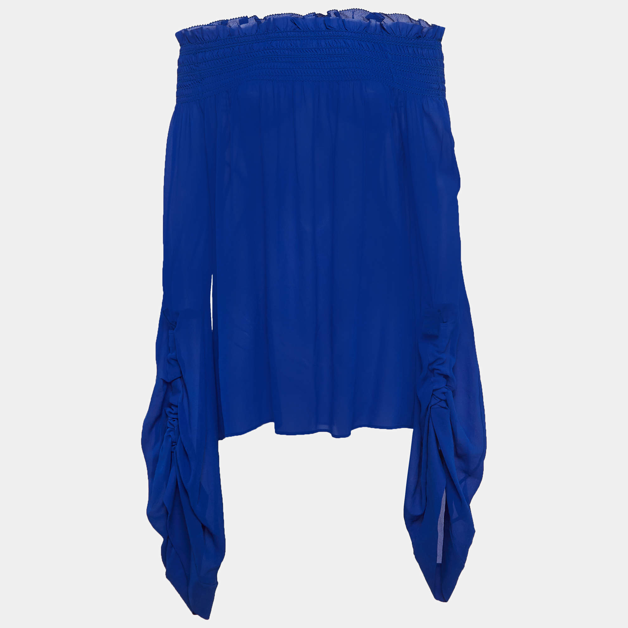 Saint Laurent Blue Smocked Silk Off-Shoulder Flared Sleeve Blouse M