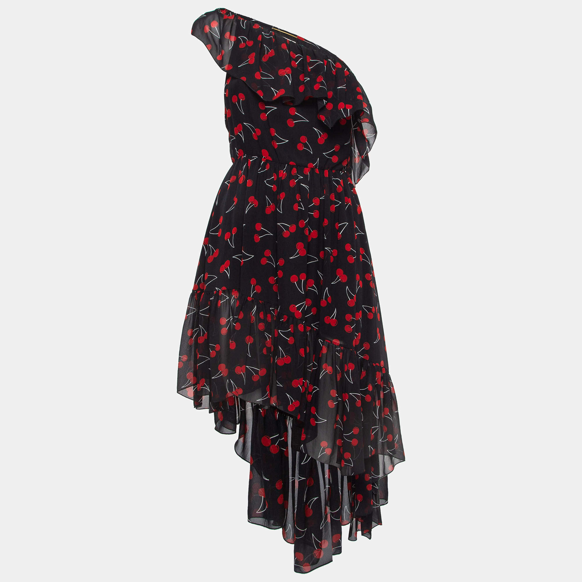 Saint Laurent Black Cherry Print Silk One-Shoulder Asymmetric Midi ...