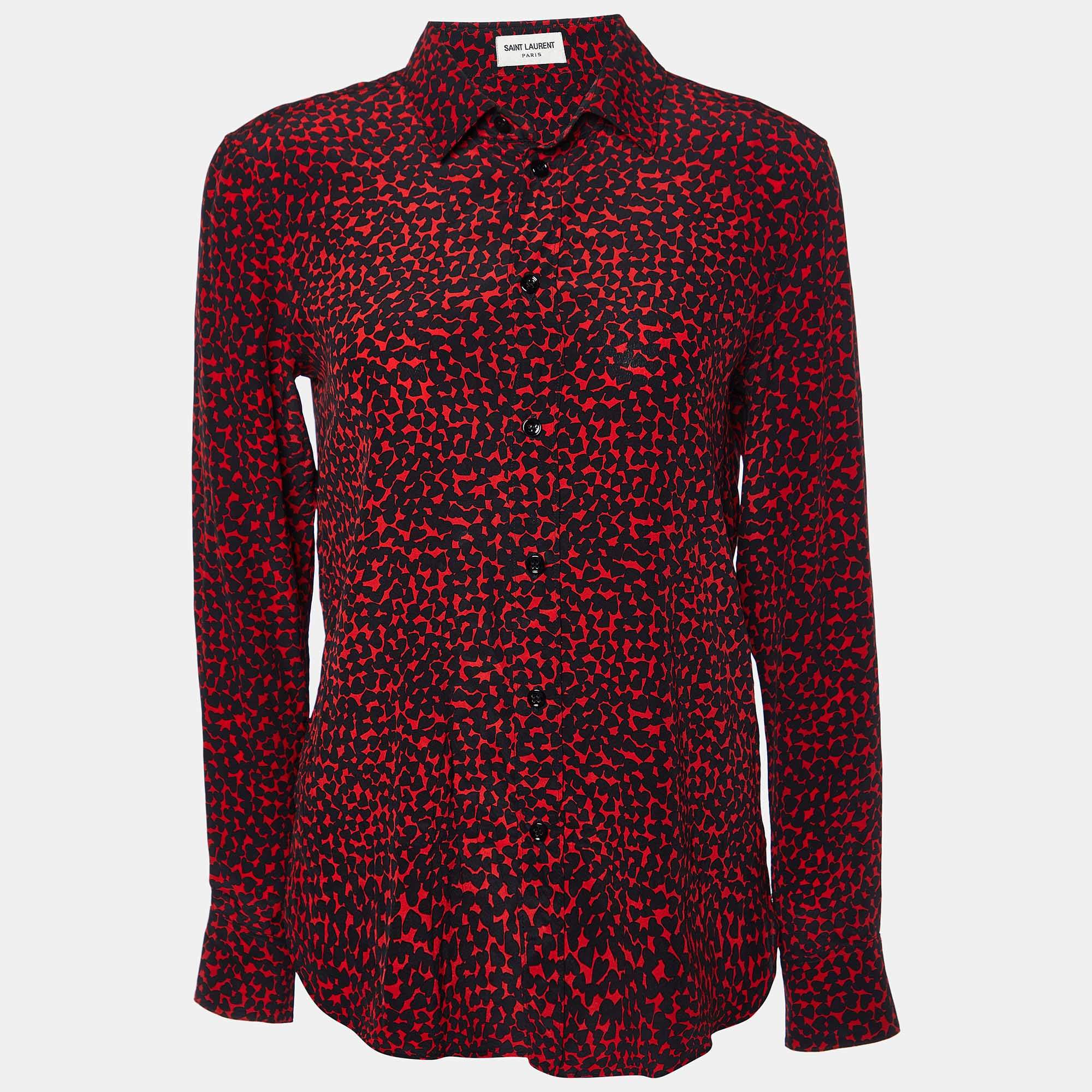 Pre Owned Saint Laurent Paris Red Heart Print Silk Button Front Shirt M