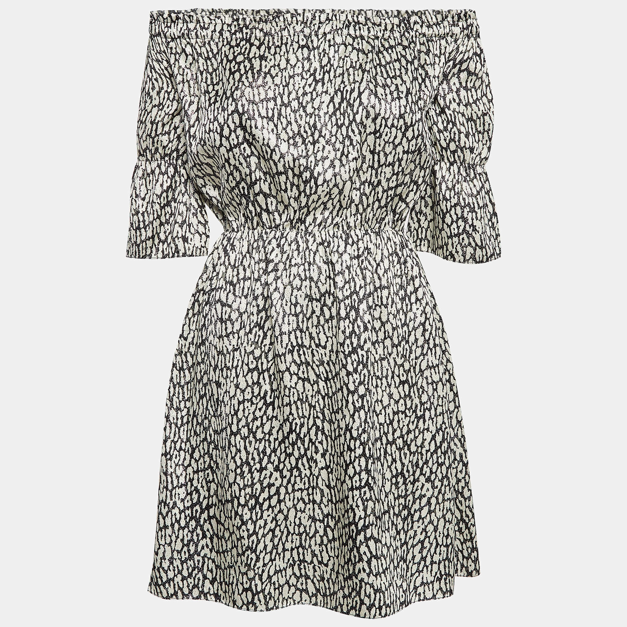 Saint Laurent Black Animal Print Lame Off-Shoulder Mini Dress S