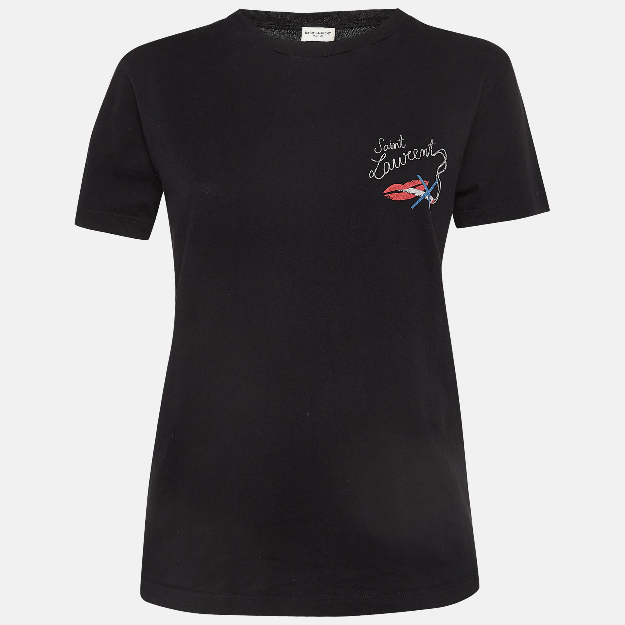 مملوكة مسبقًا Saint Laurent Black No Smocking Print Cotton T-Shirt XS