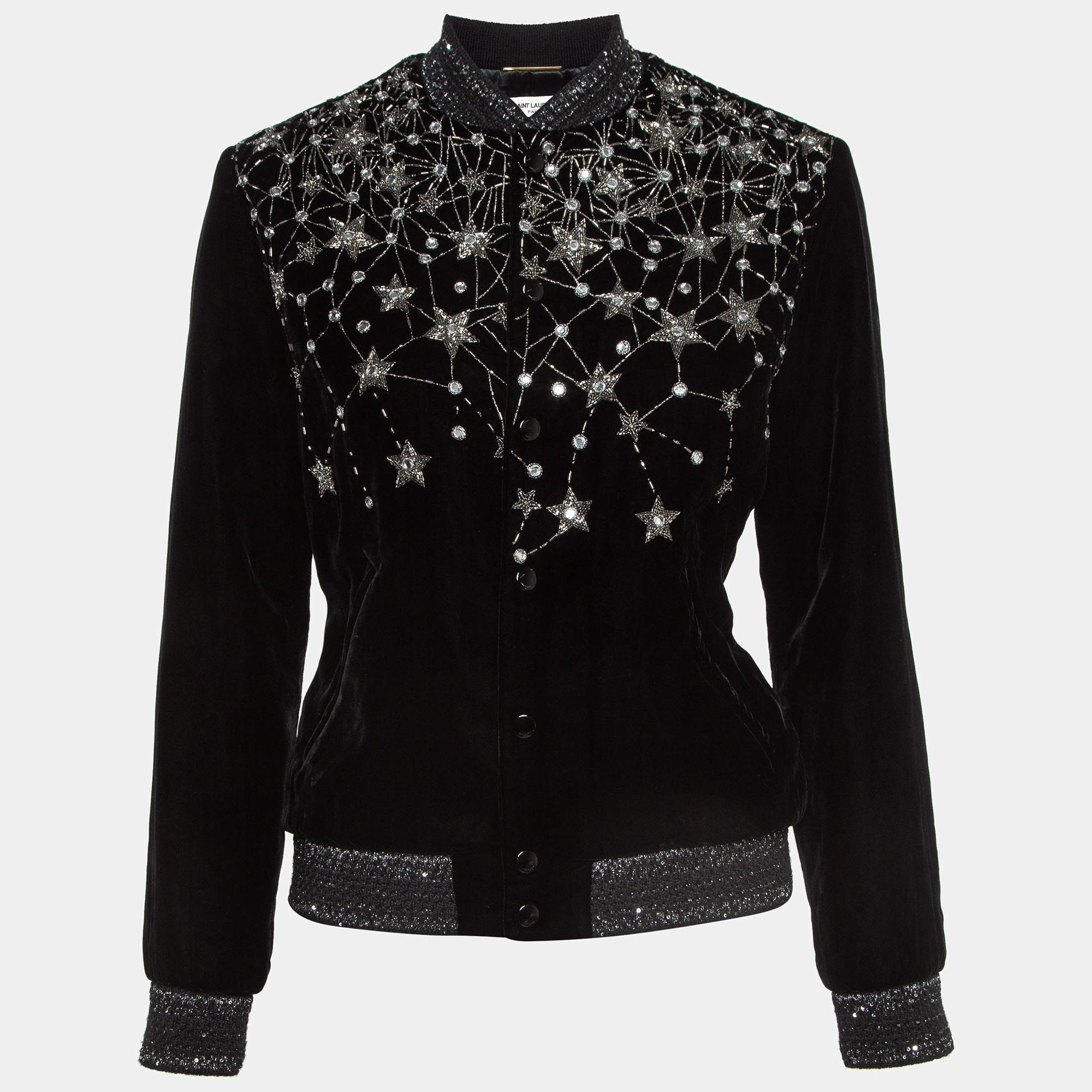 Pre Owned Saint Laurent Black Embellished Velvet Bomber Jacket S