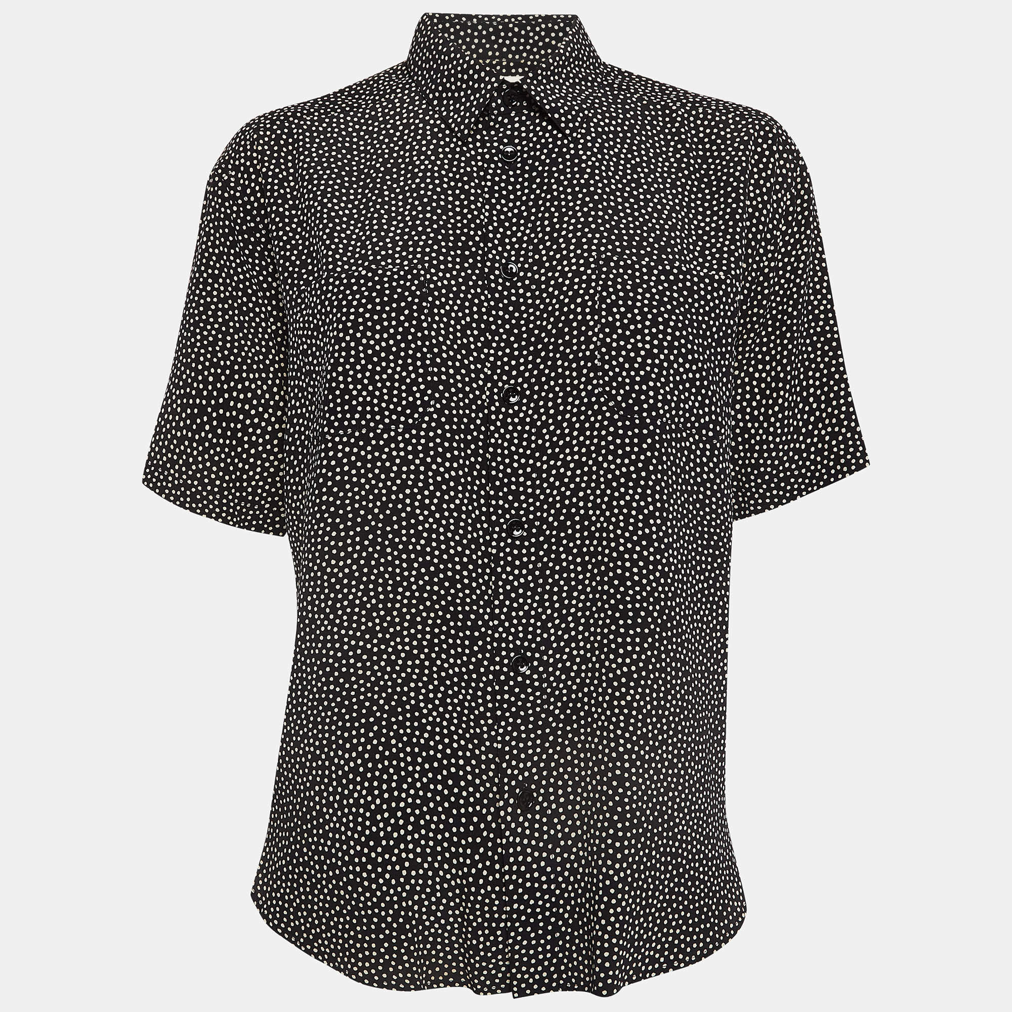 Pre Owned Saint Laurent Paris Black Dotted Print Silk Shirt M