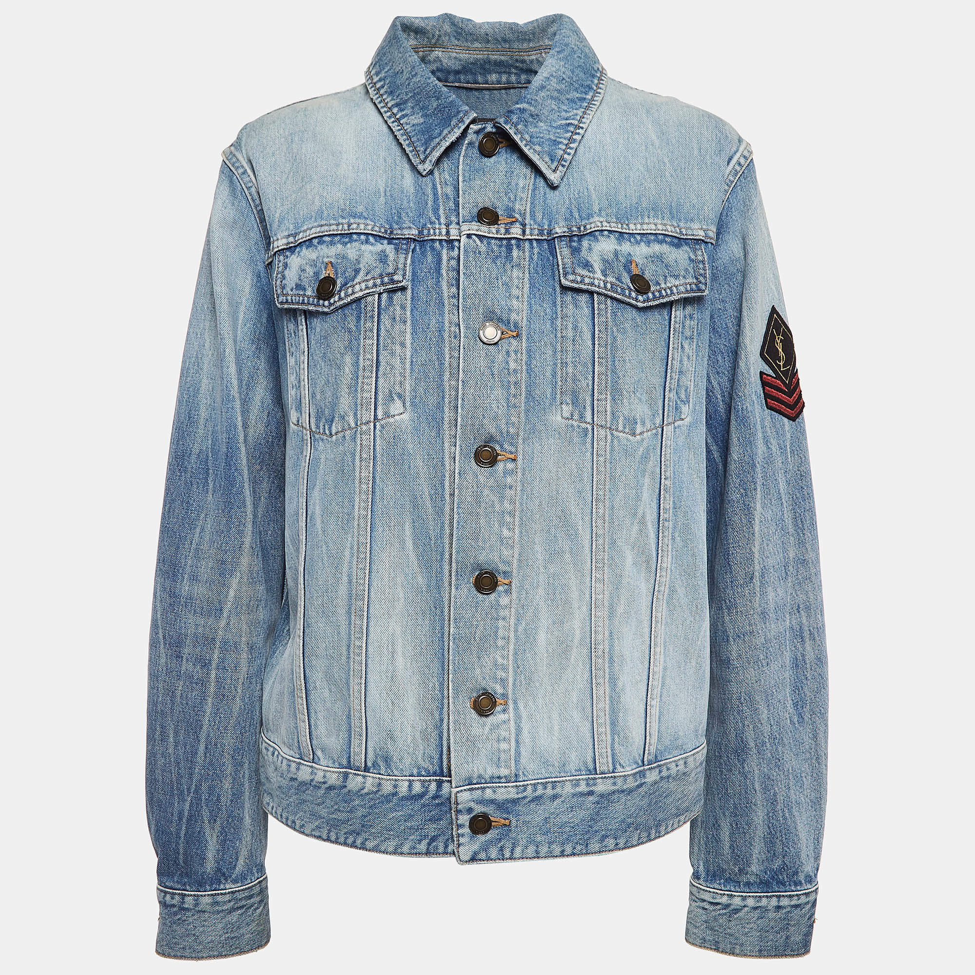 Pre Owned Saint Laurent Paris Blue Denim Applique Detail Jacket M