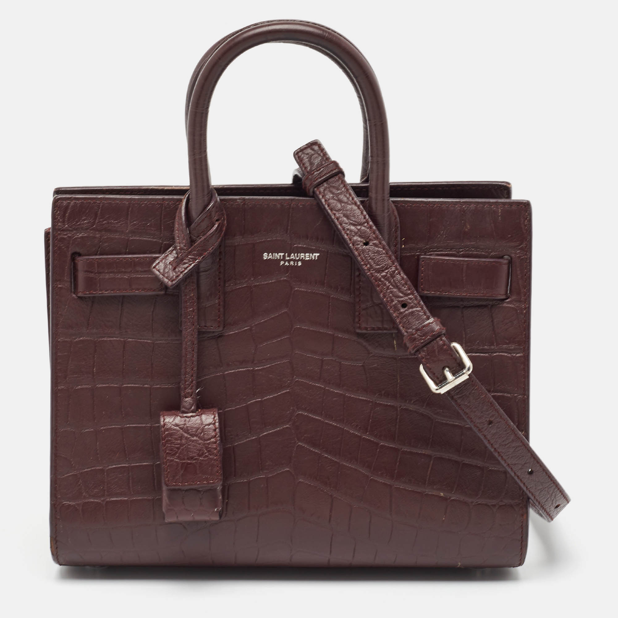 Pre Owned Saint Laurent Burgundy Croc Embossed Leather Nano Classic Sac De Jour Tote