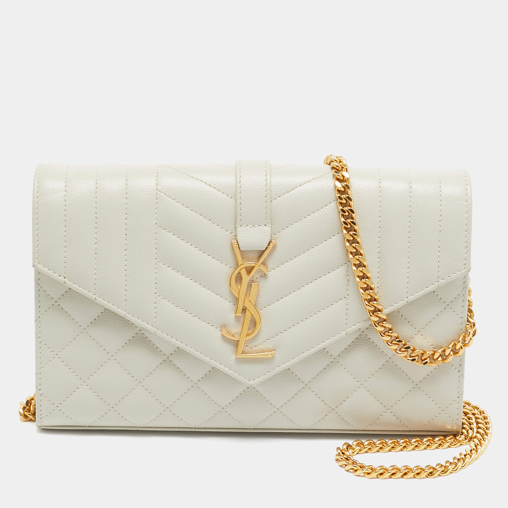 Pre Owned Saint Laurent White Matelassé Leather Cassandre Wallet on Chain