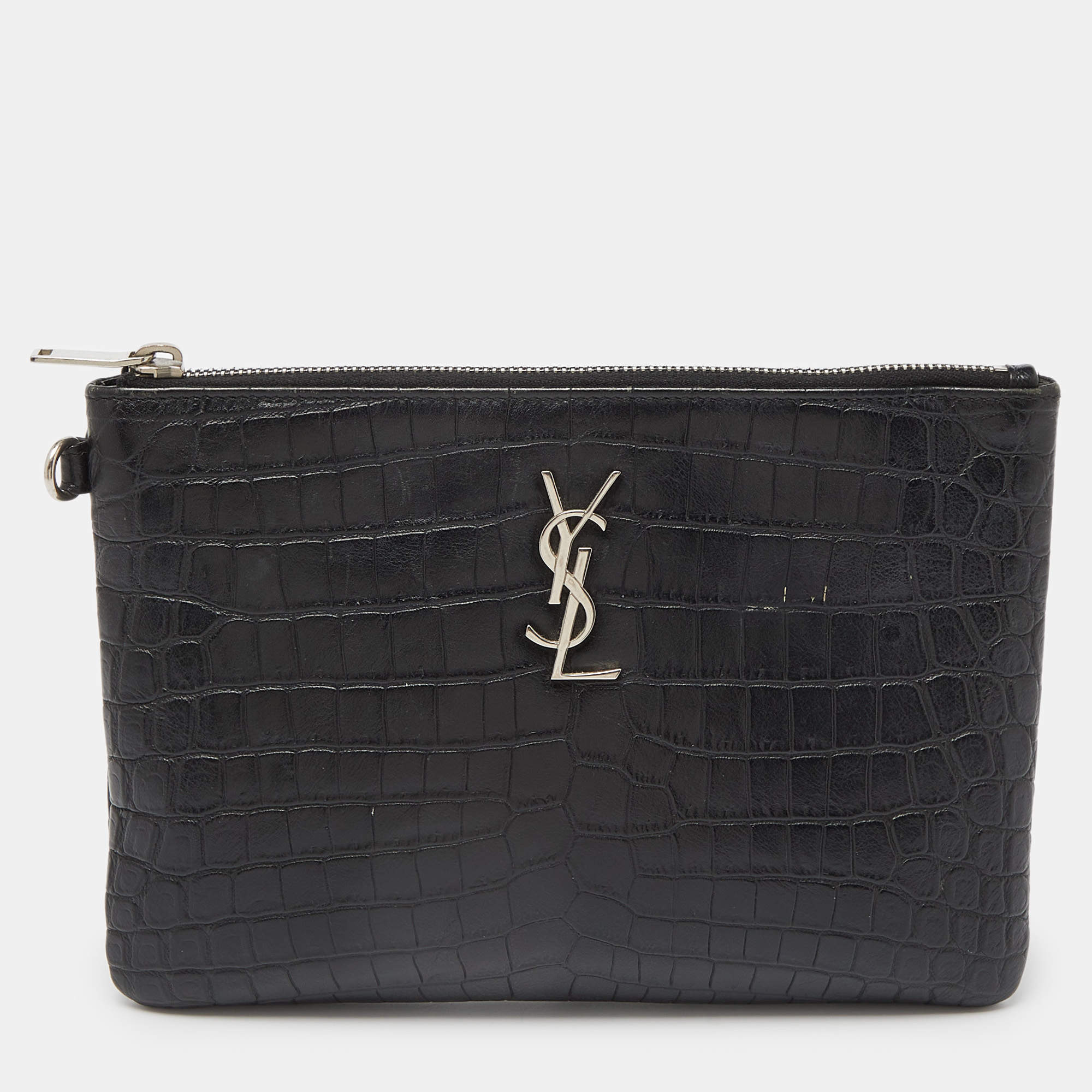 Saint Laurent Black Croc Embossed Leather Monogram Zip Pouch
