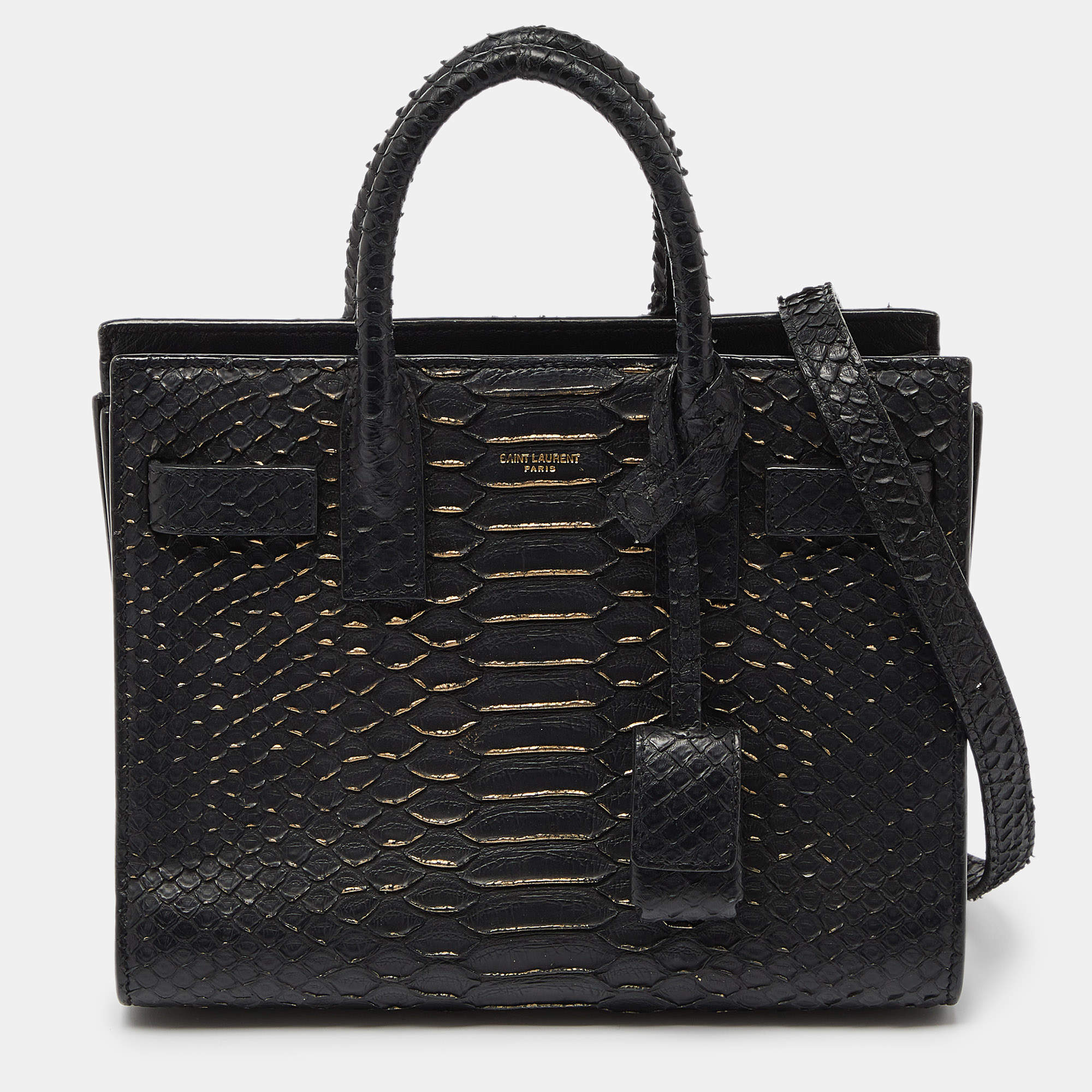 Saint Laurent Black/Gold Python Nano Classic Sac De Jour Tote