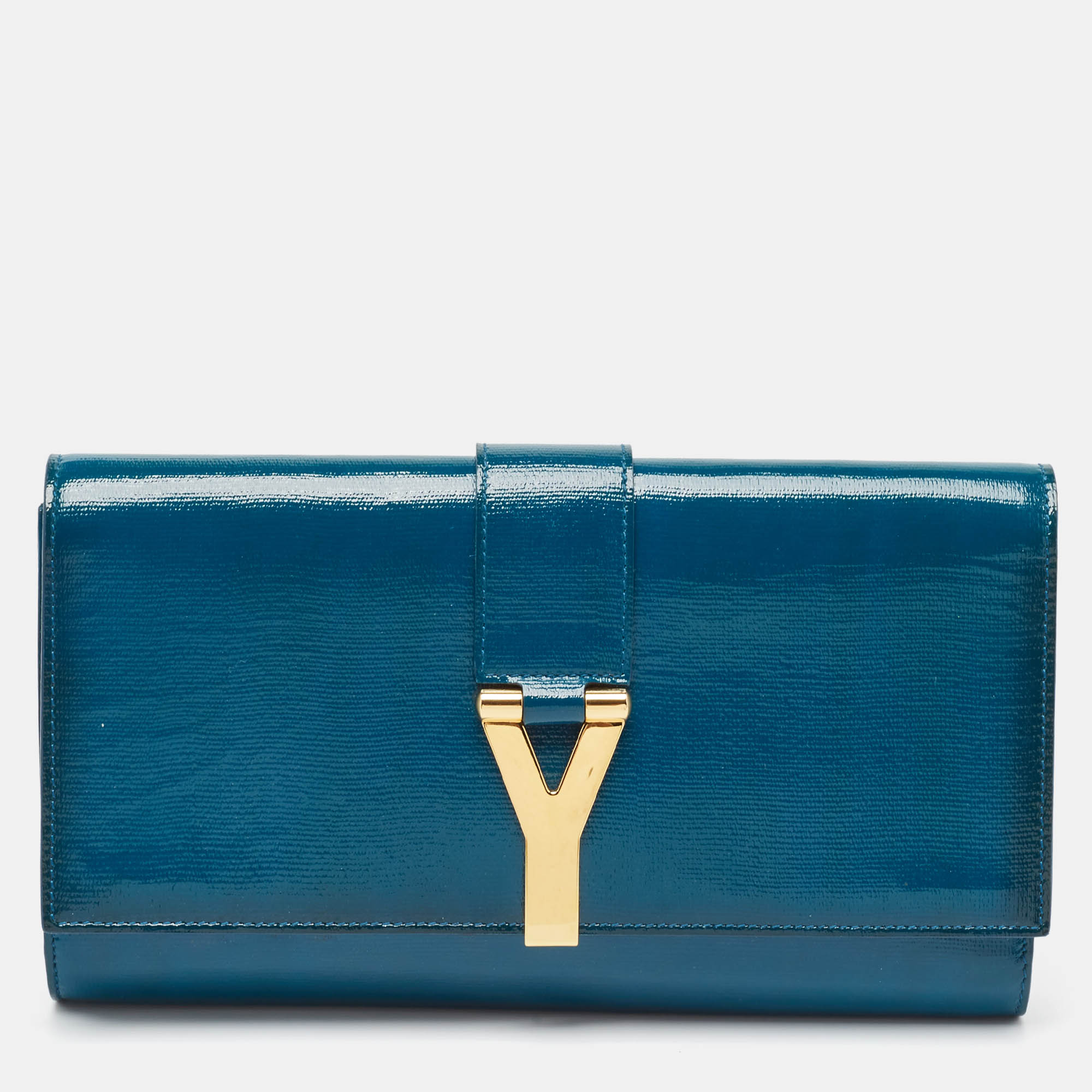 Saint Laurent Teal Green Patent Leather Y Line Clutch