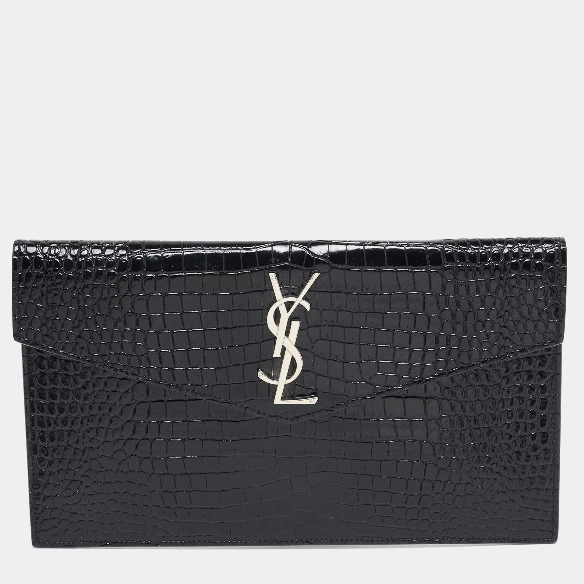Saint Laurent Black Croc Embossed Leather Uptown Clutch