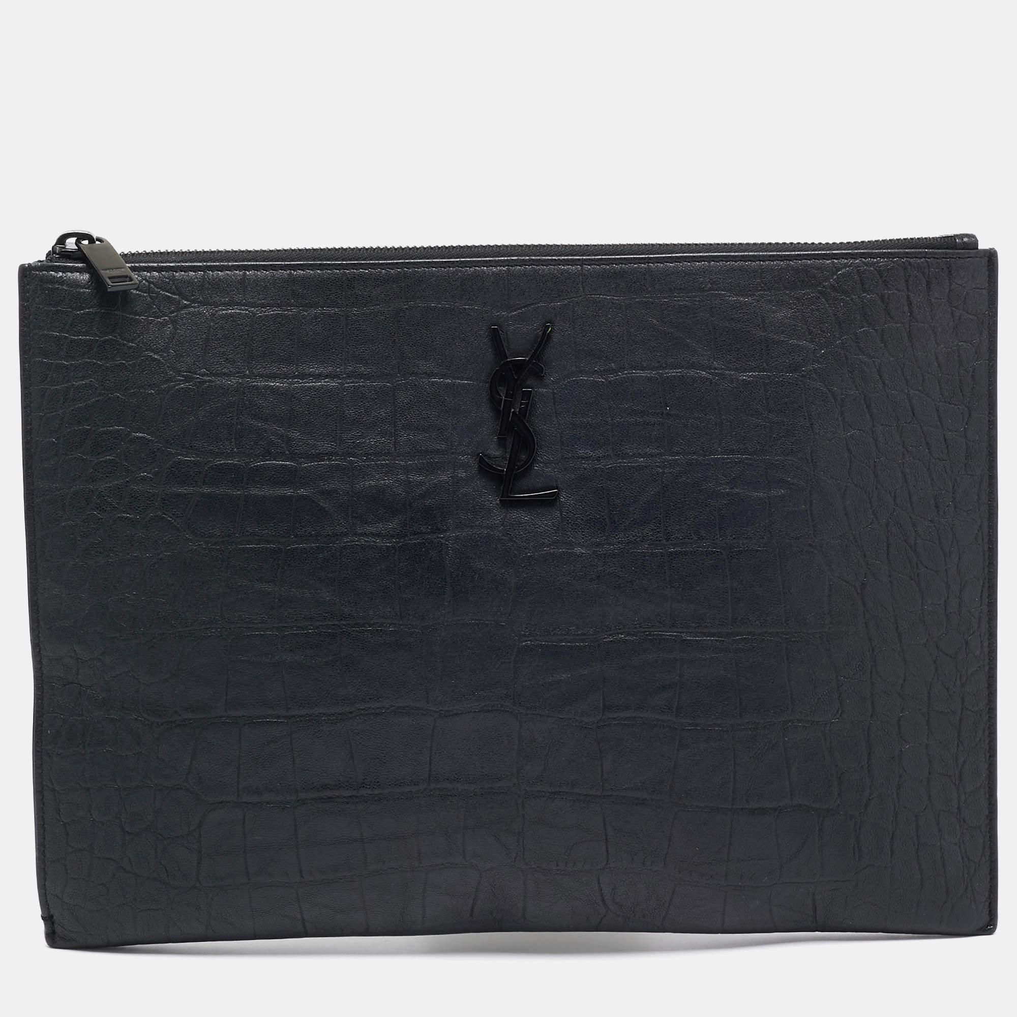 Pre Owned Saint Laurent Black Croc Embossed Leather Monogram Zip Pouch