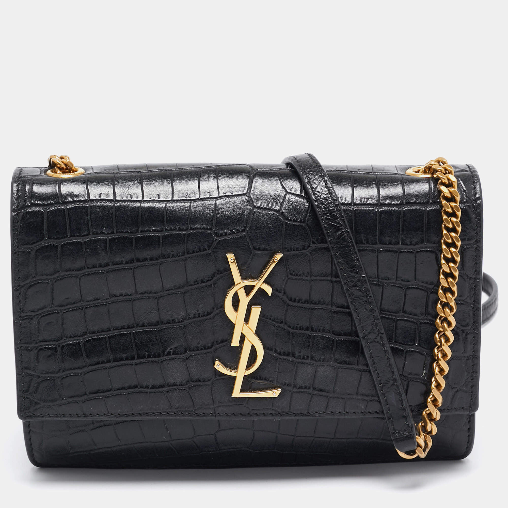 Saint Laurent Black Croc Embossed Leather Sunset Shoulder Bag