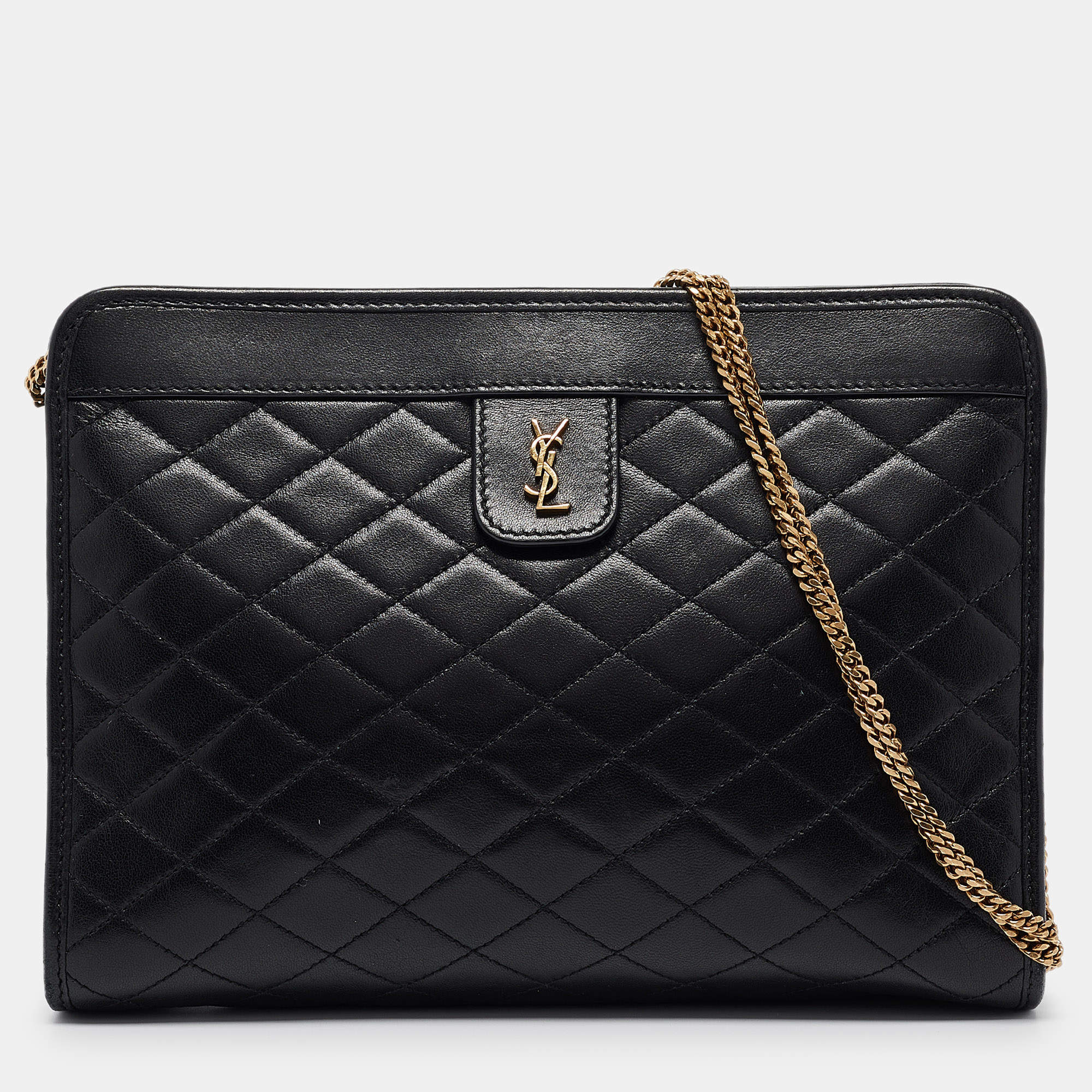 Saint Laurent Black Quilted Leather Victoire Chain Clutch 