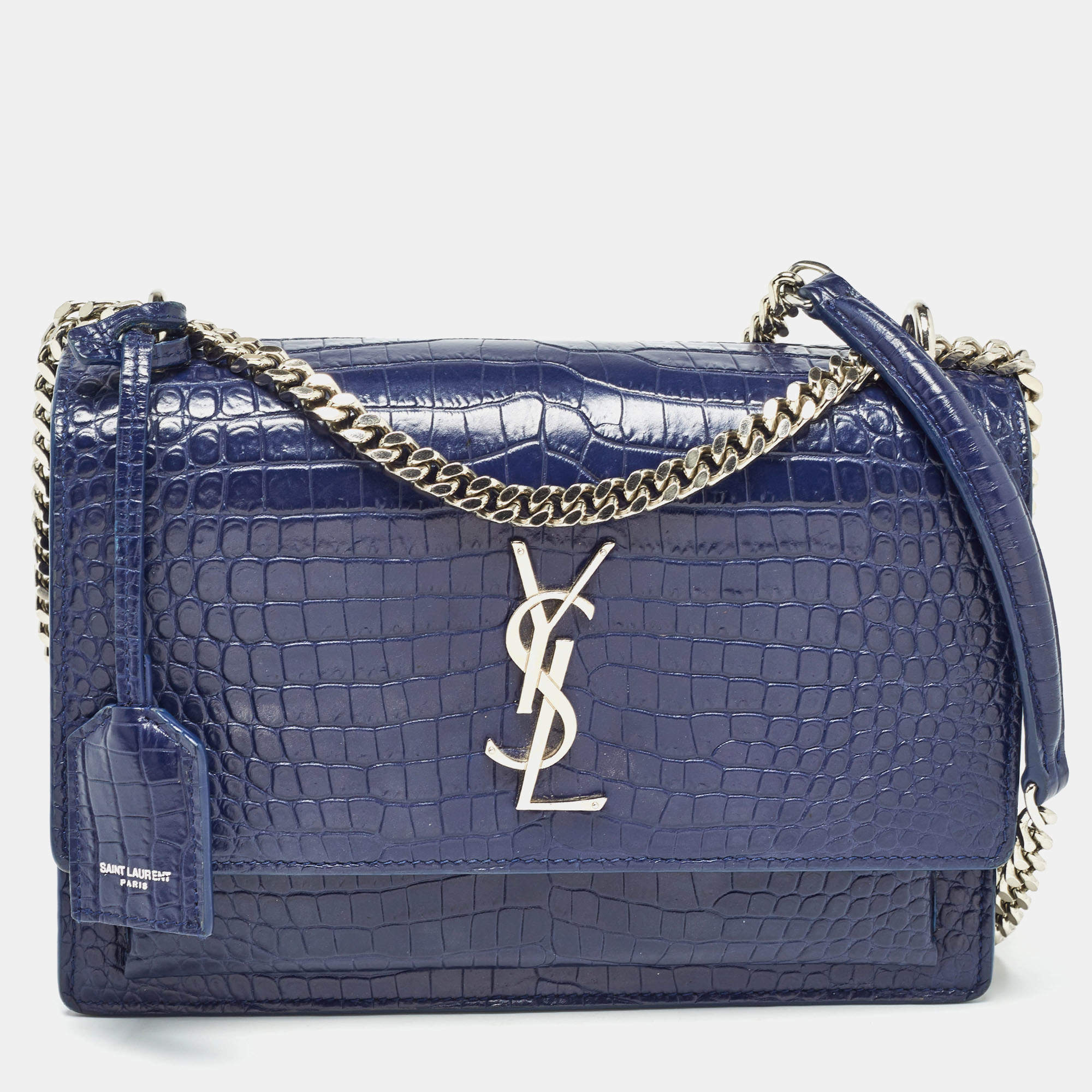 Pre Owned Saint Laurent Blue Croc Embossed Leather Medium Sunset Shoulder Bag