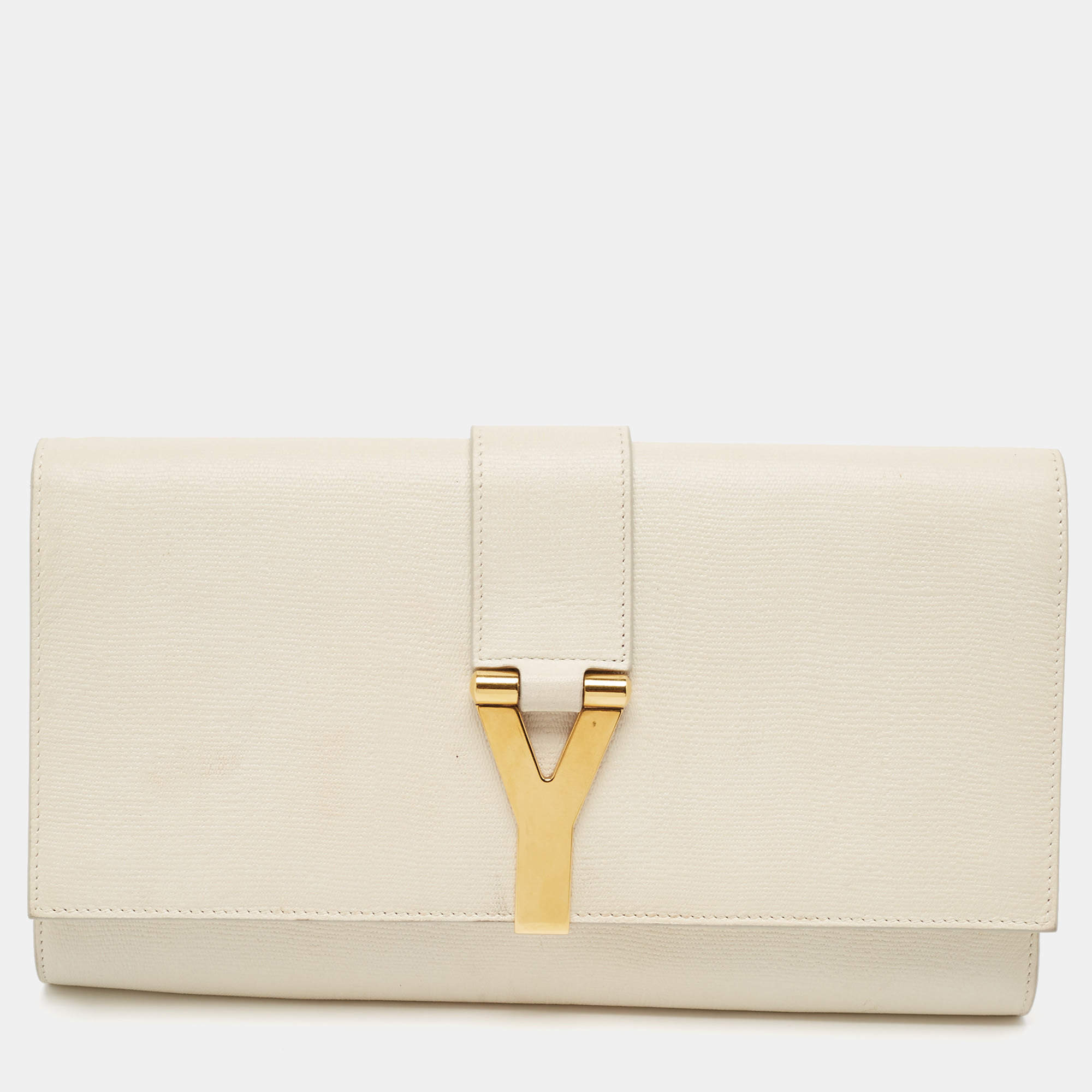 Pre Owned Saint Laurent White Leather Y-Ligne Clutch