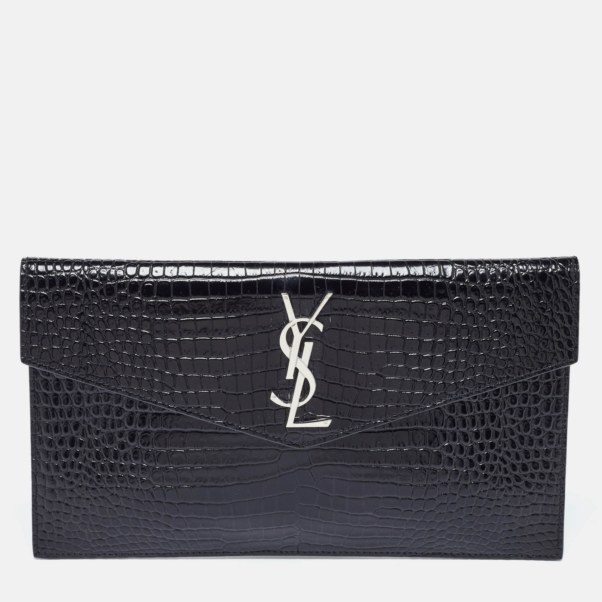 Pre Owned Saint Laurent Black Shine Croc Embossed Leather Medium Uptown Pouch