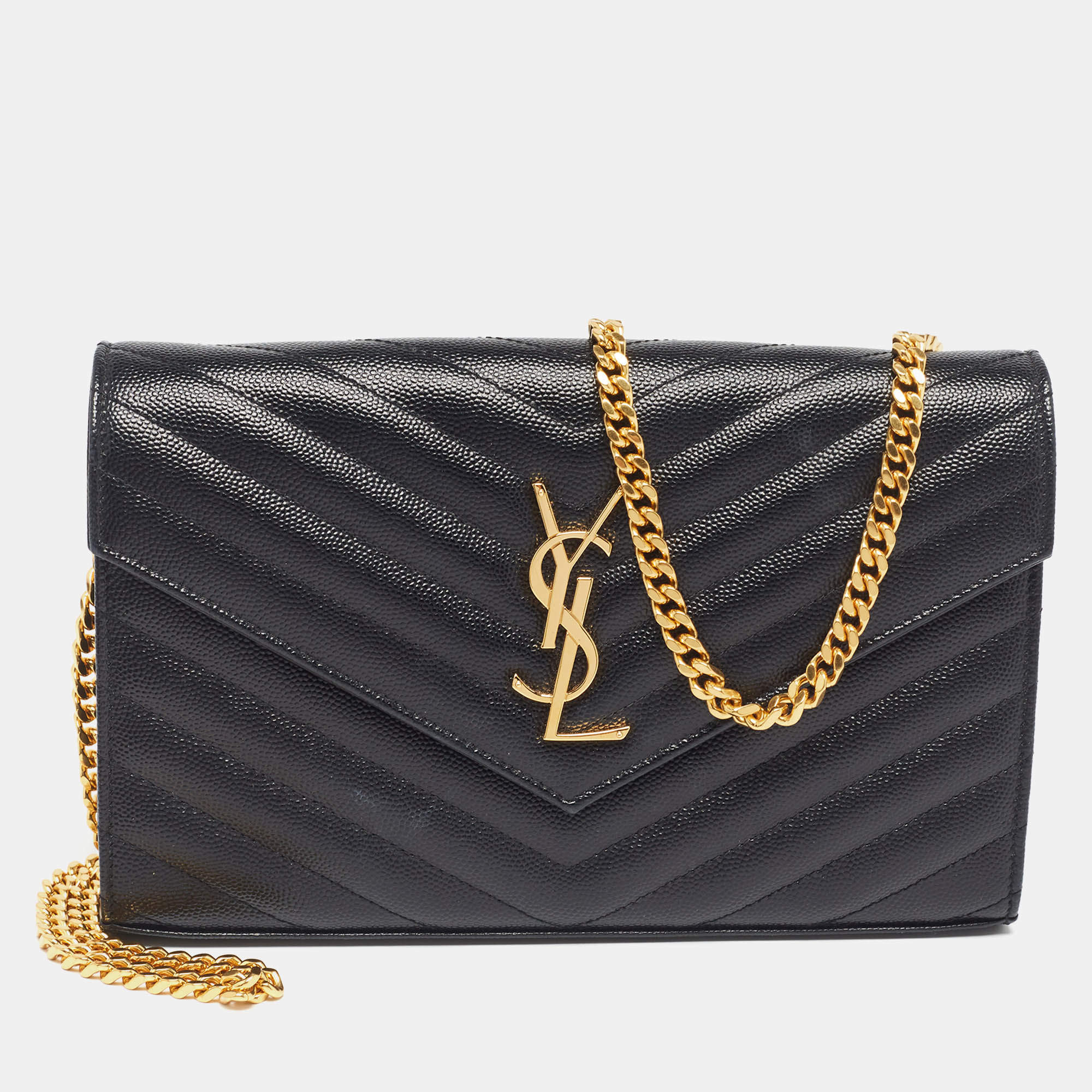 مملوكة مسبقًا Saint Laurent Black Matelassé Leather Monogram Envelope Wallet on Chain