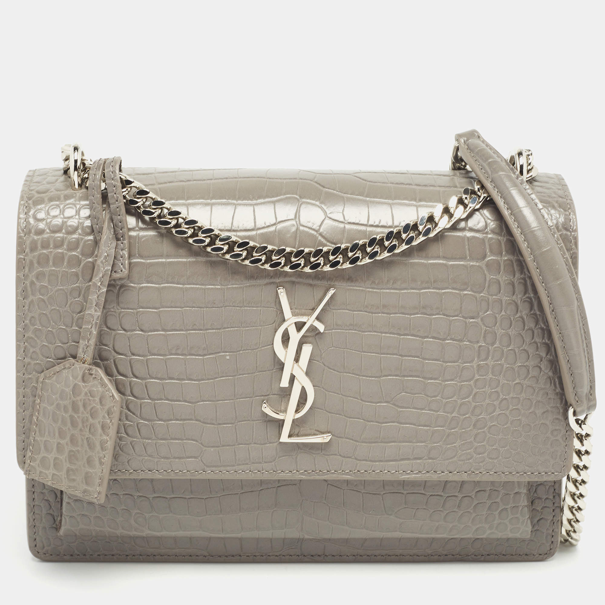 Pre Owned Saint Laurent Grey Croc Embossed Leather Medium Sunset Shoulder Bag