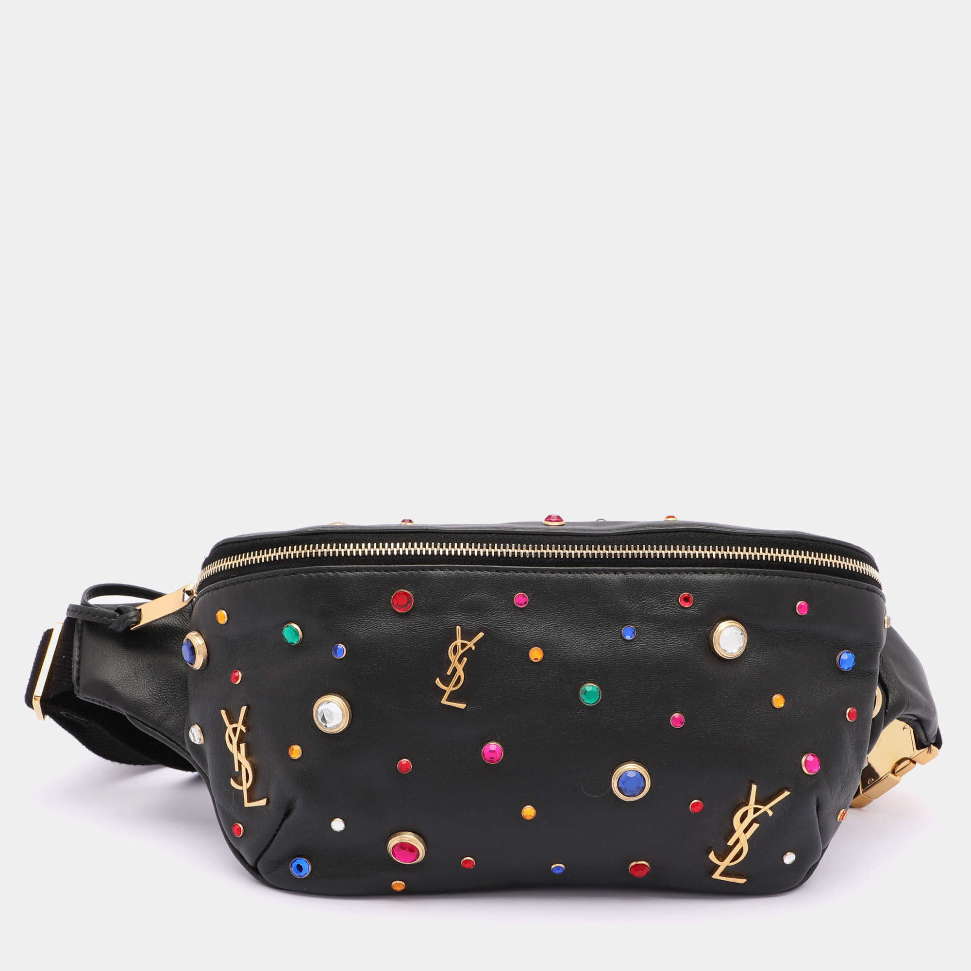 Saint Laurent Black Leather Monogram Embellished Belt Bag