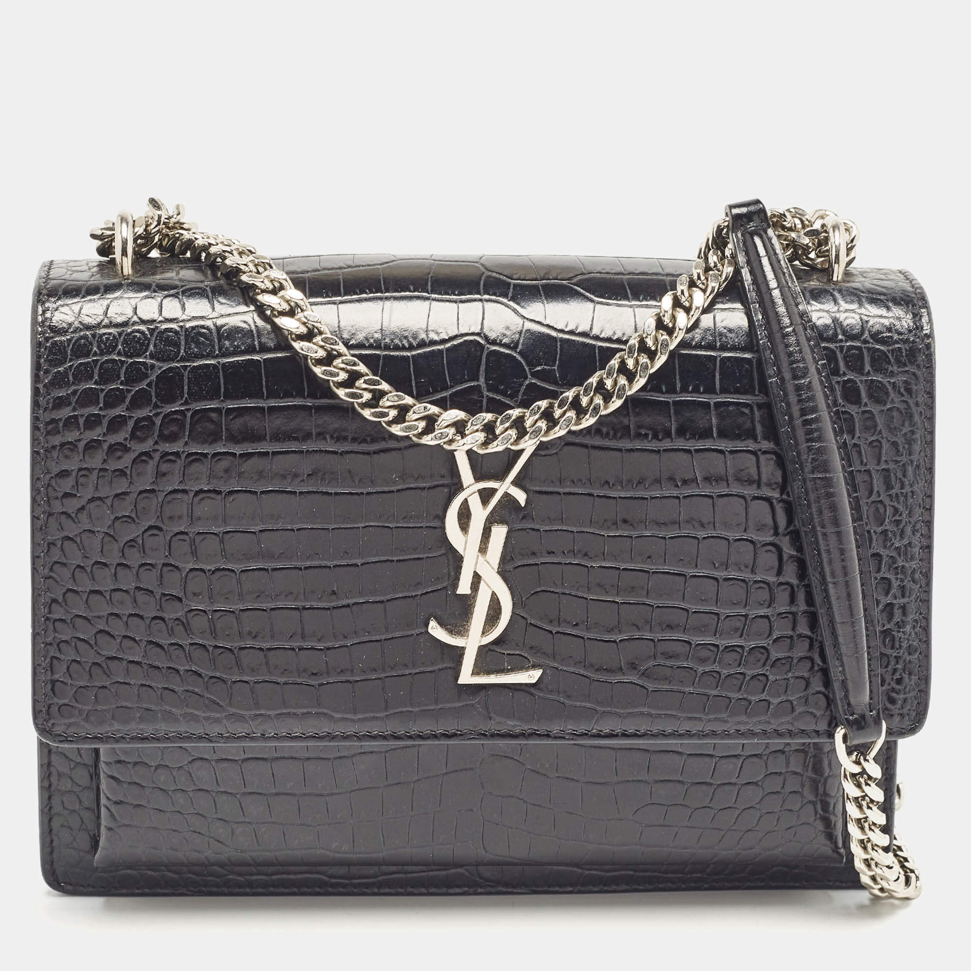 Saint Laurent Black Croc Embossed Leather Medium Sunset Shoulder Bag