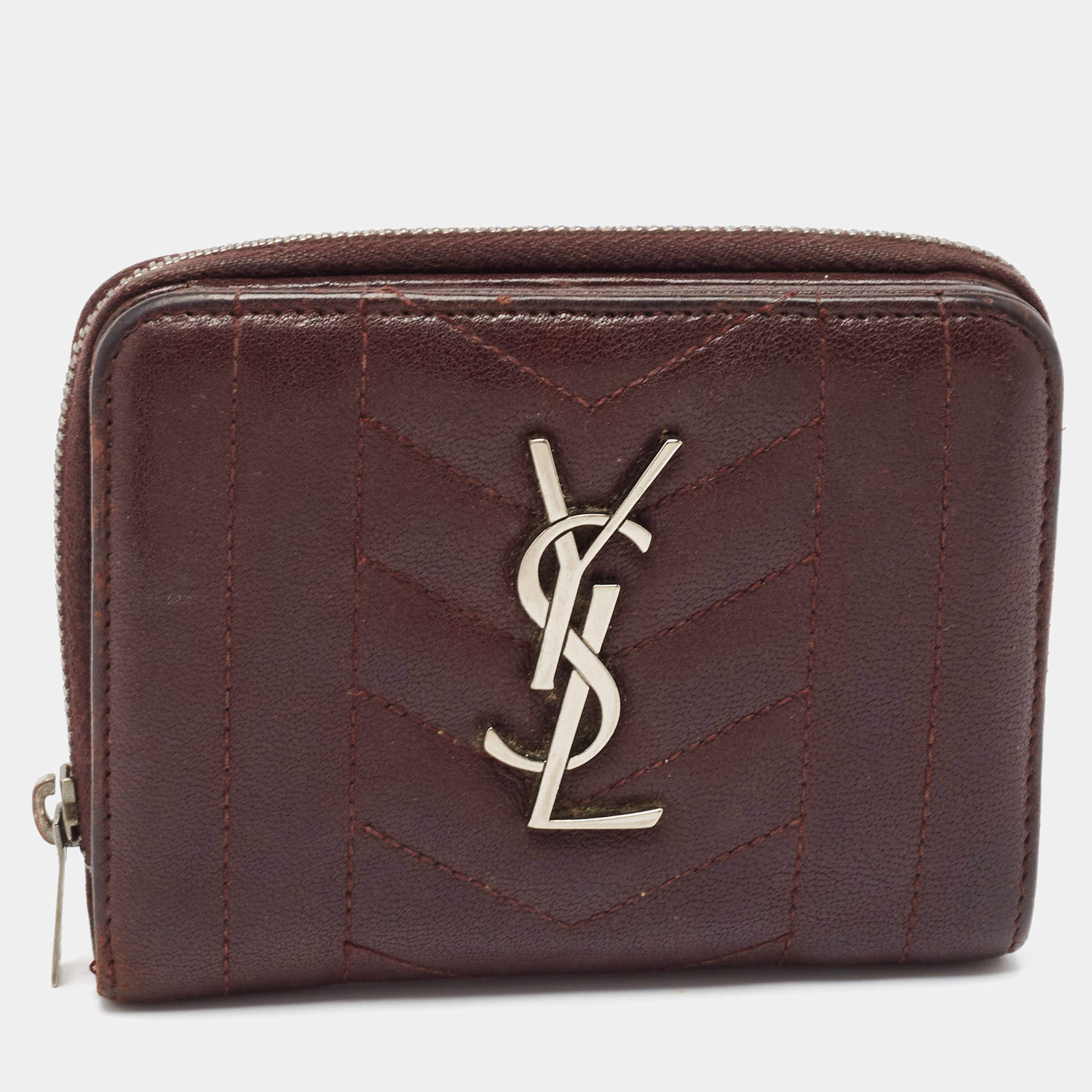 Saint Laurent Burgundy Leather Monogram Zip Around Wallet