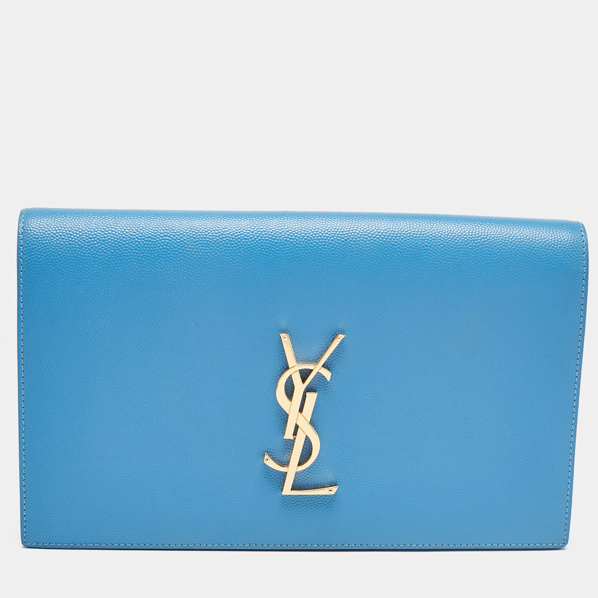 Pre Owned Saint Laurent Light Blue Leather Monogram Kate Clutch
