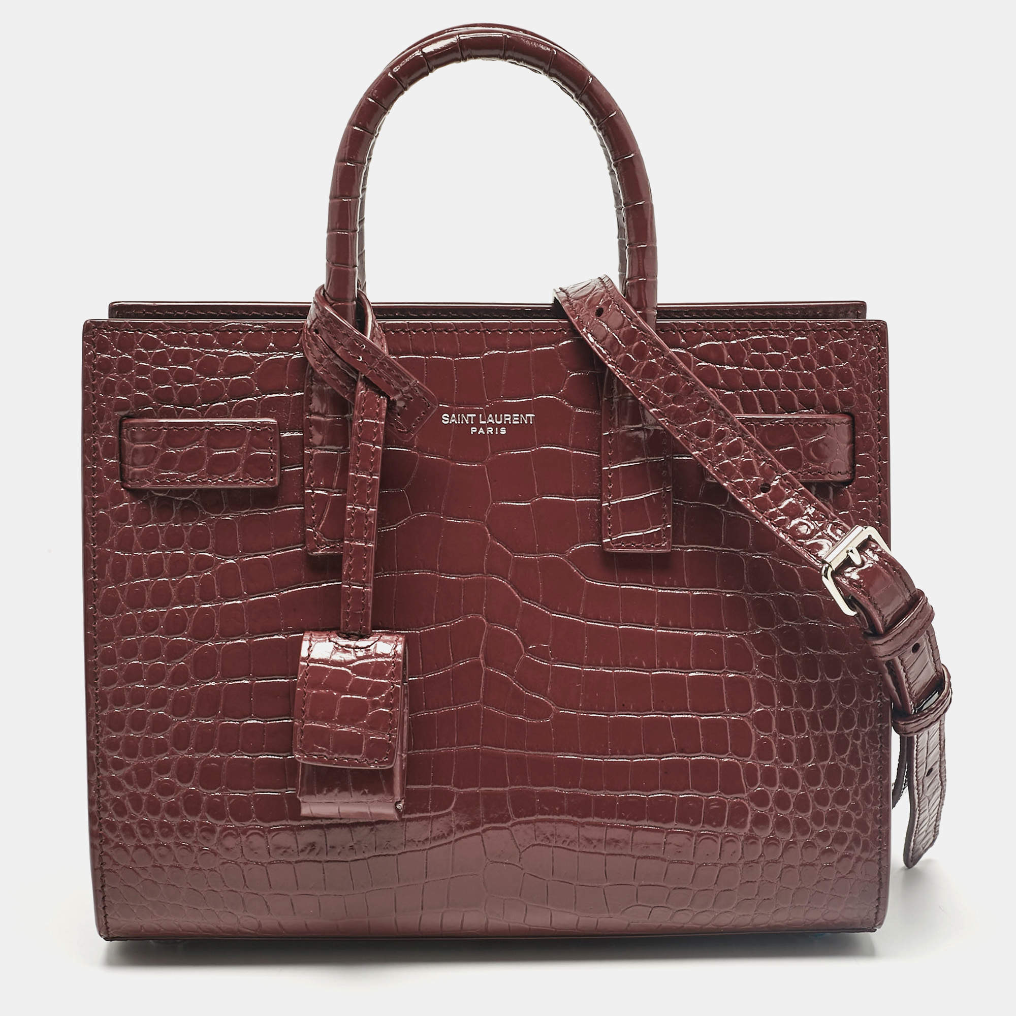 Pre Owned Saint Laurent Burgundy Croc Embossed Leather Nano Classic Sac De Jour Tote