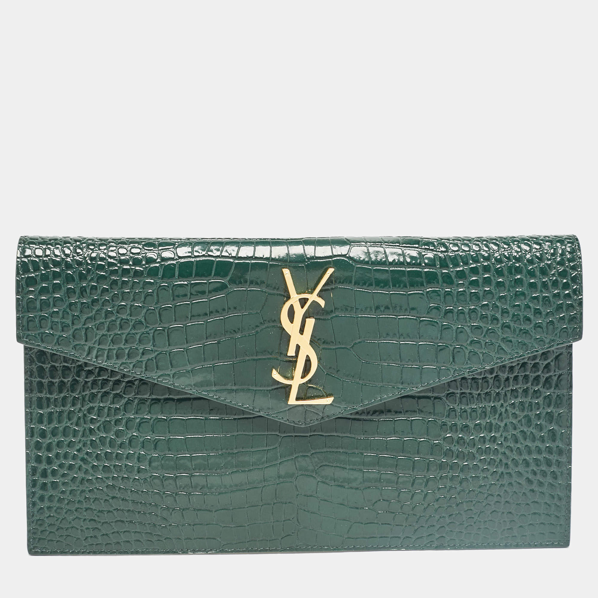 Saint Laurent Green Croc Embossed Leather Uptown Pouch