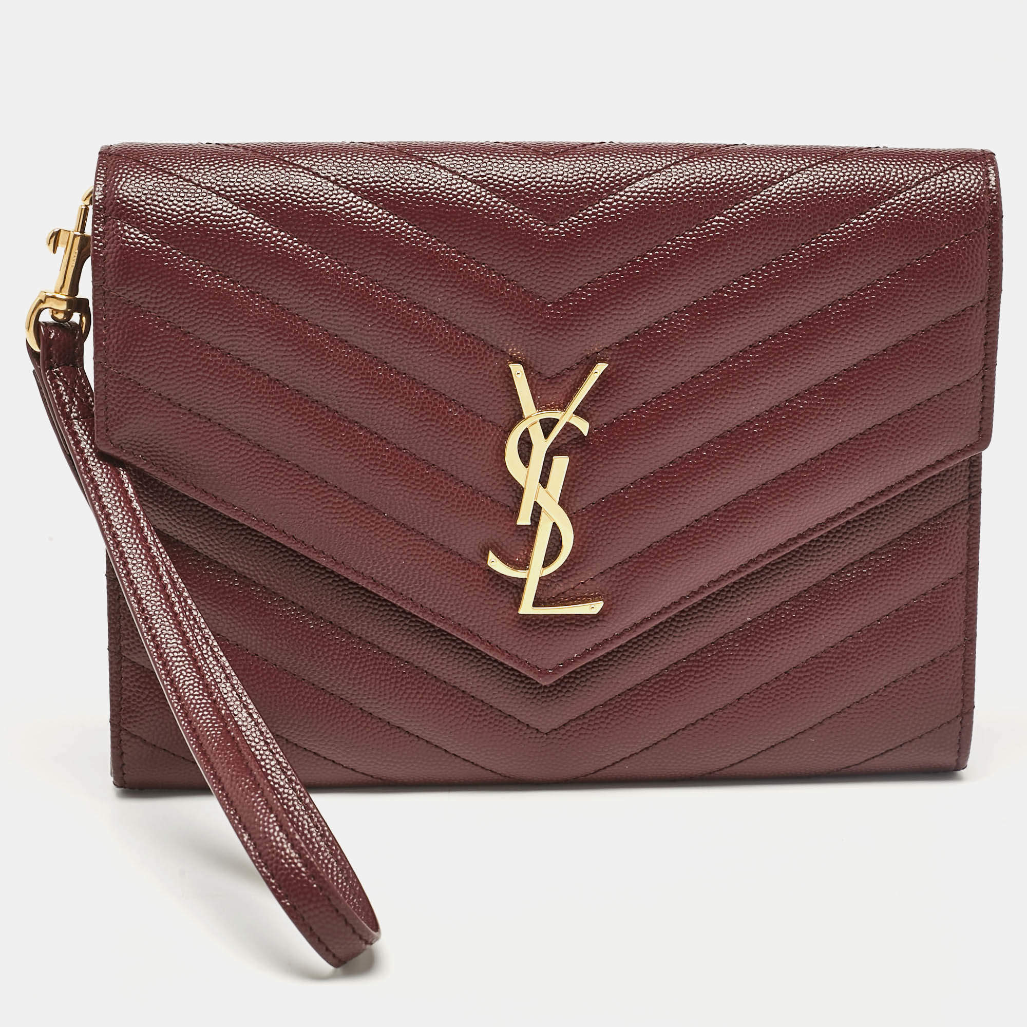 Saint Laurent Burgundy Matelassé Leather Monogram Envelope Wristlet Clutch