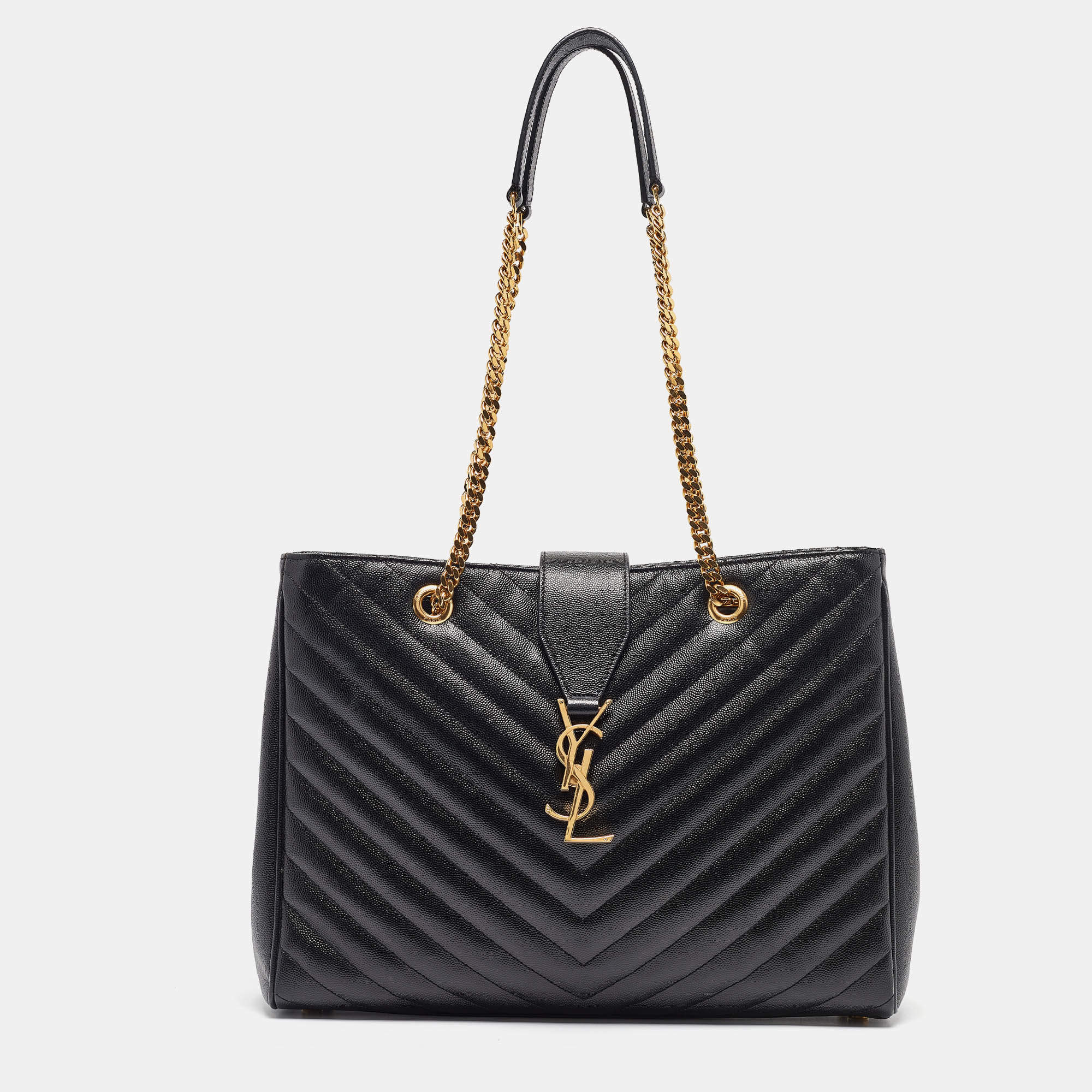 Pre Owned Saint Laurent Black Chevron Leather Cassandre Chain Tote
