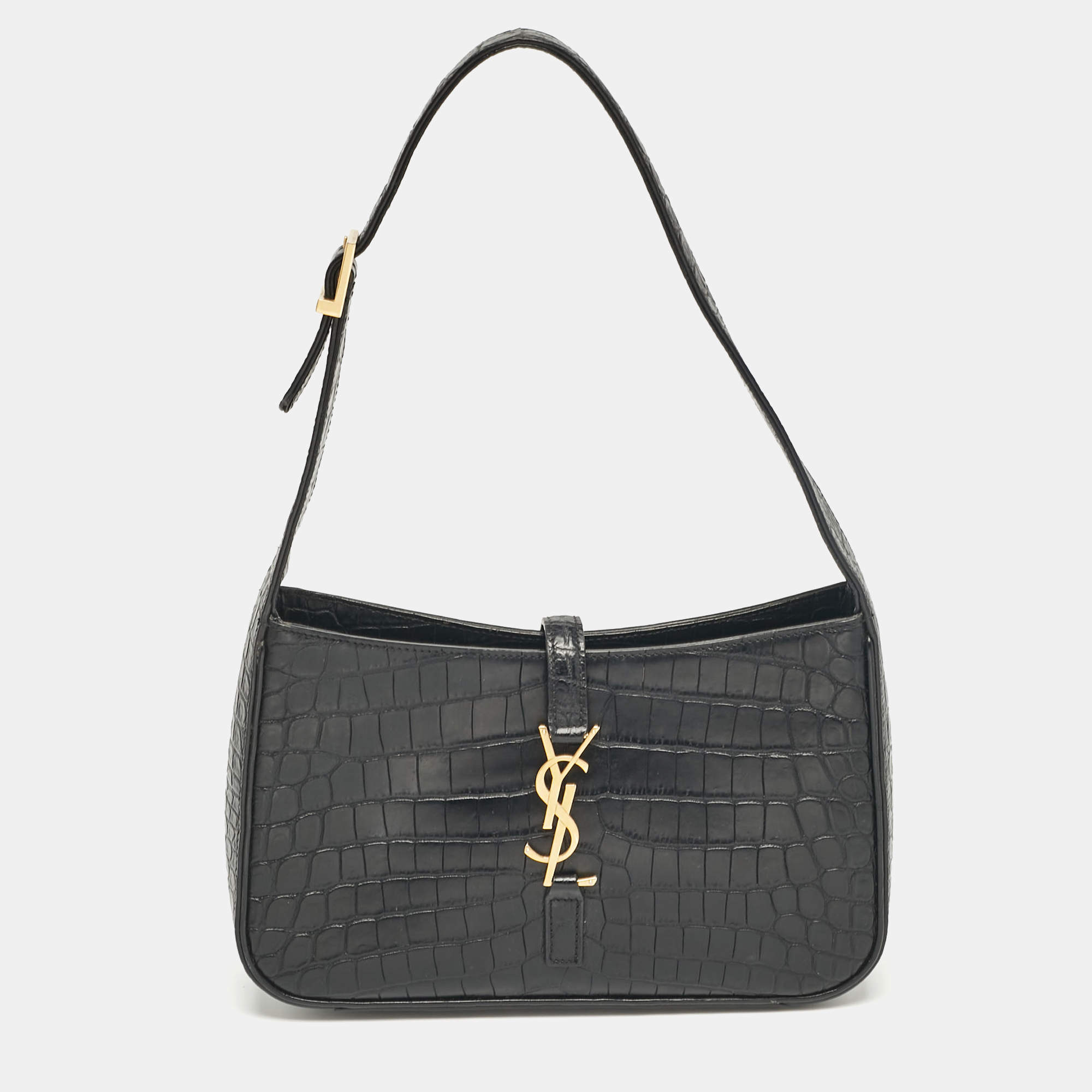 Saint Laurent Black Croc Embossed Leather LE 5 À 7 Hobo