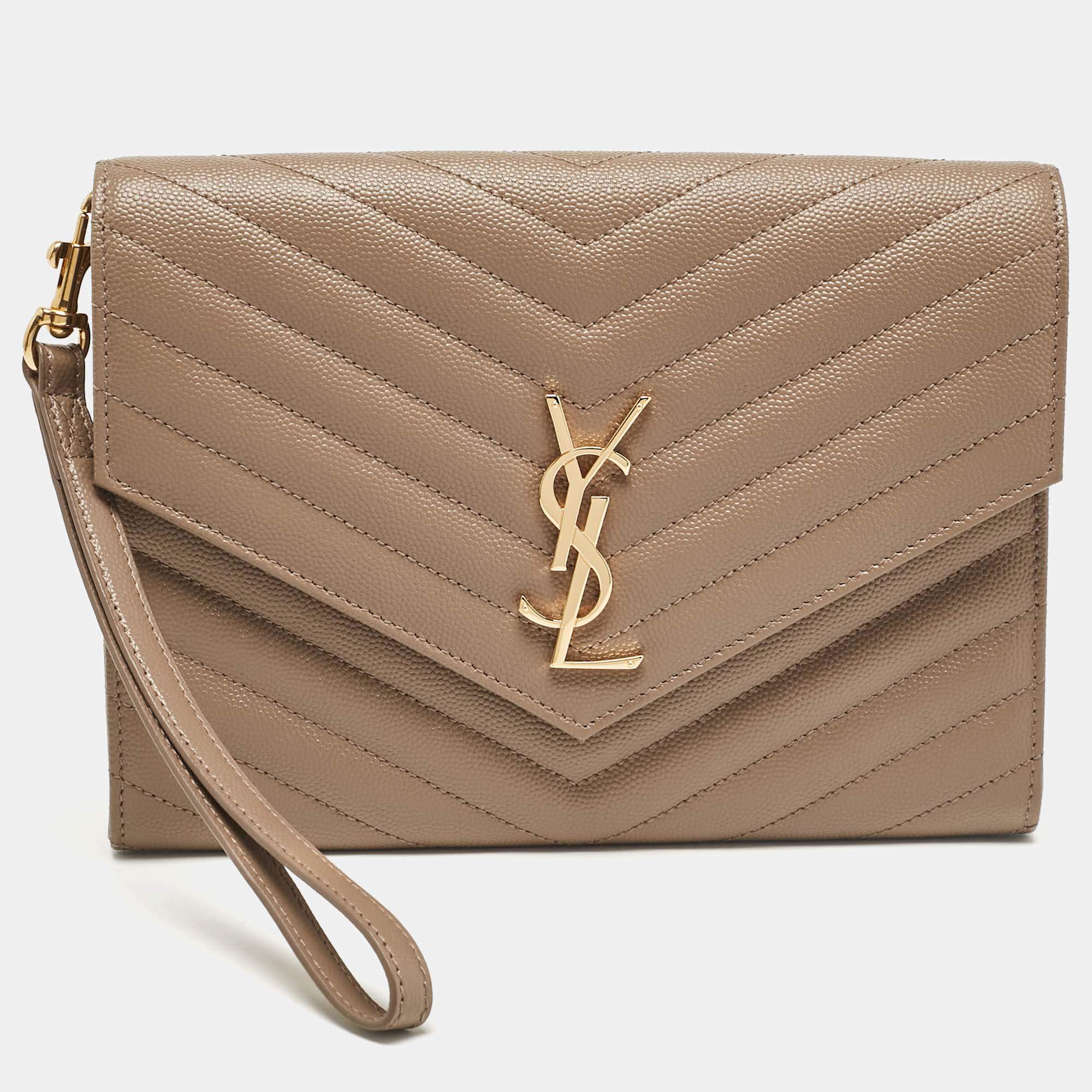 Pre Owned Saint Laurent Beige Matelasse Leather Cassandre Wristlet Pouch