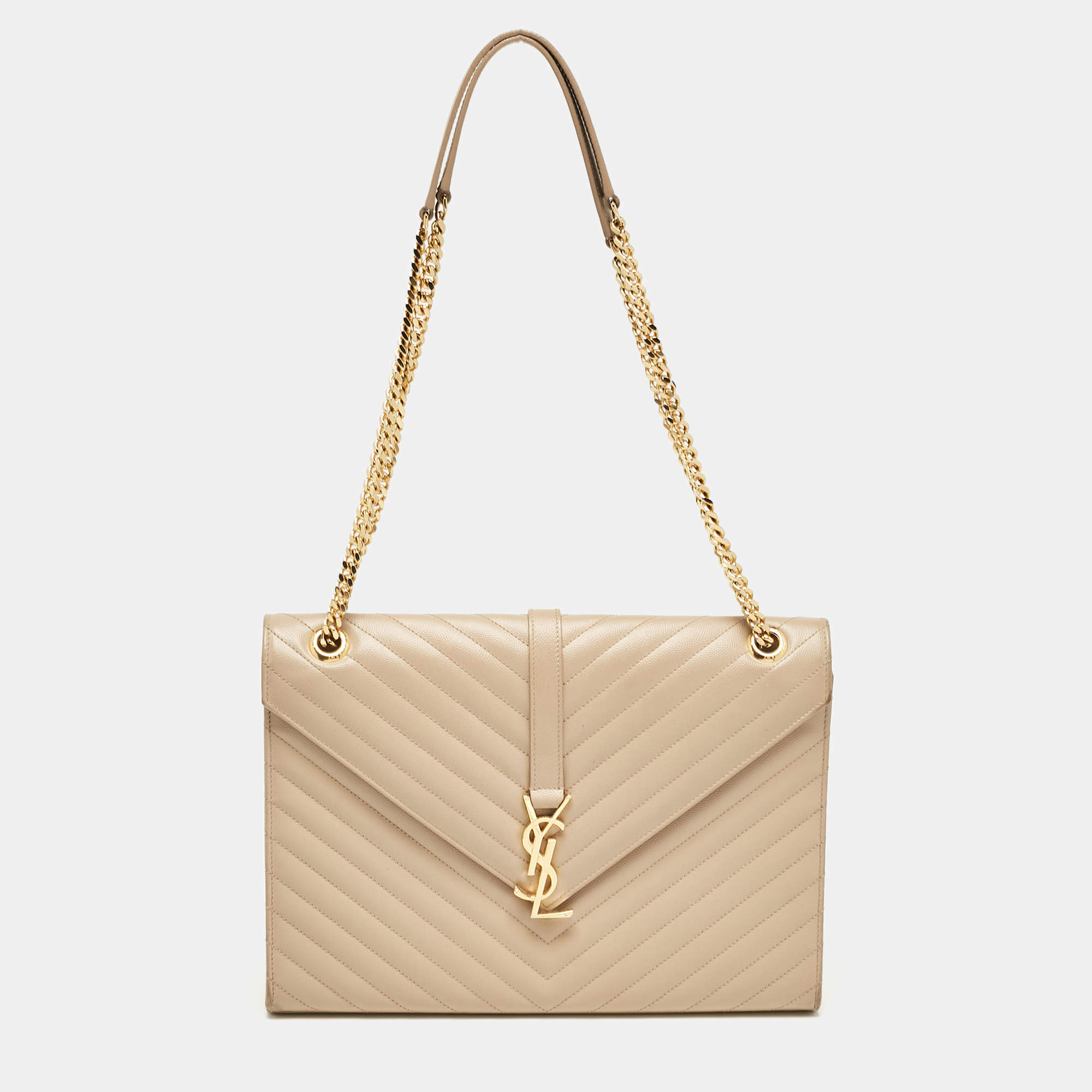 Pre Owned Saint Laurent Beige Chevron Leather Large Monogram Envelope Shoulder Bag