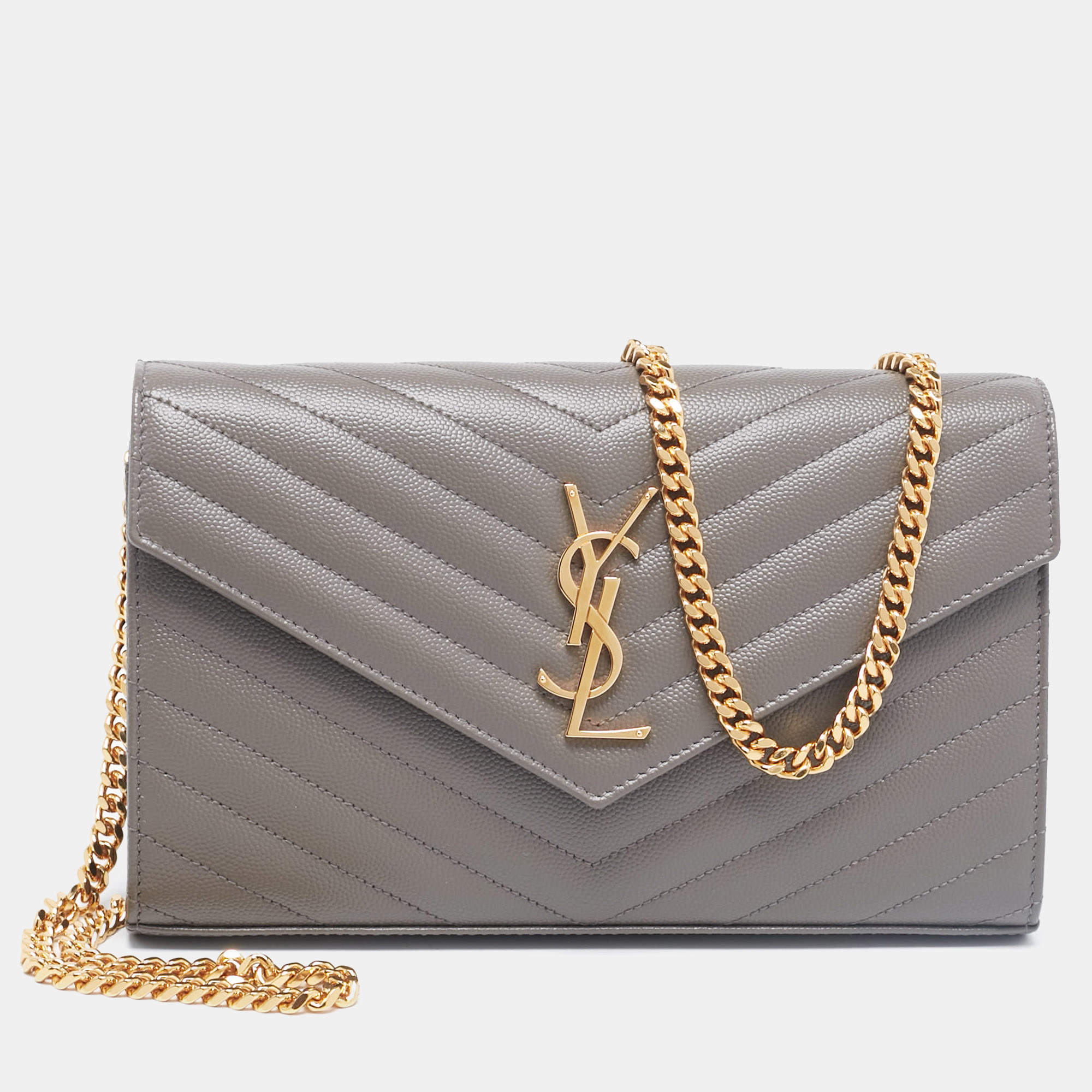 Saint Laurent Grey Matelassé Leather Envelope Chain Clutch