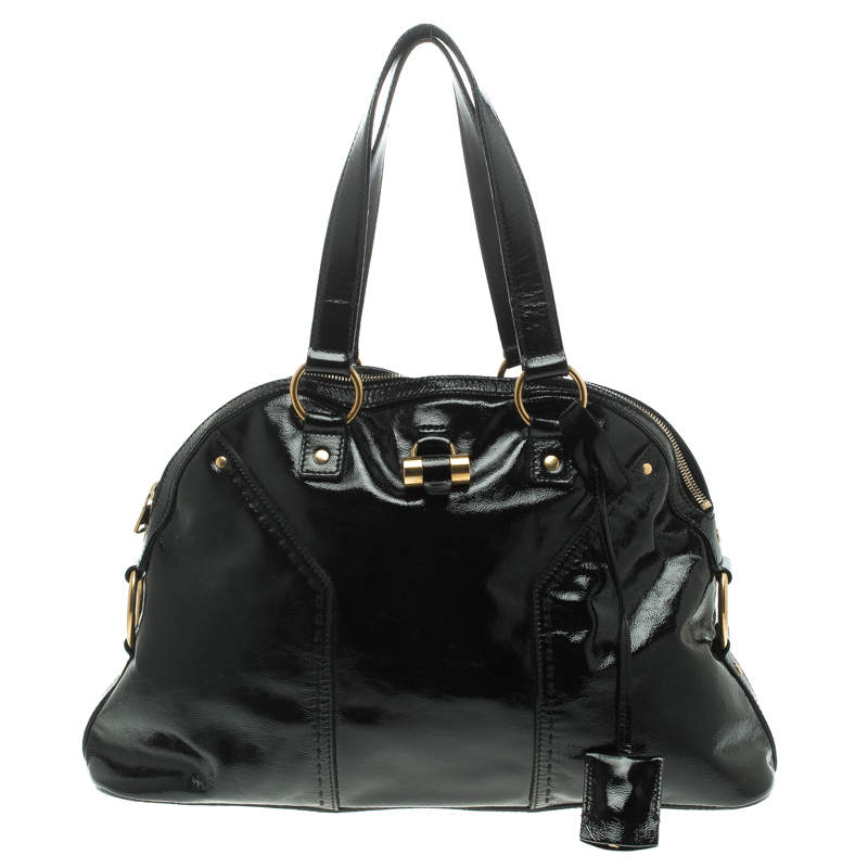 مملوكة مسبقًا حقيبة سان لوران باريس موس كبيرة جلد لامعة سوداء