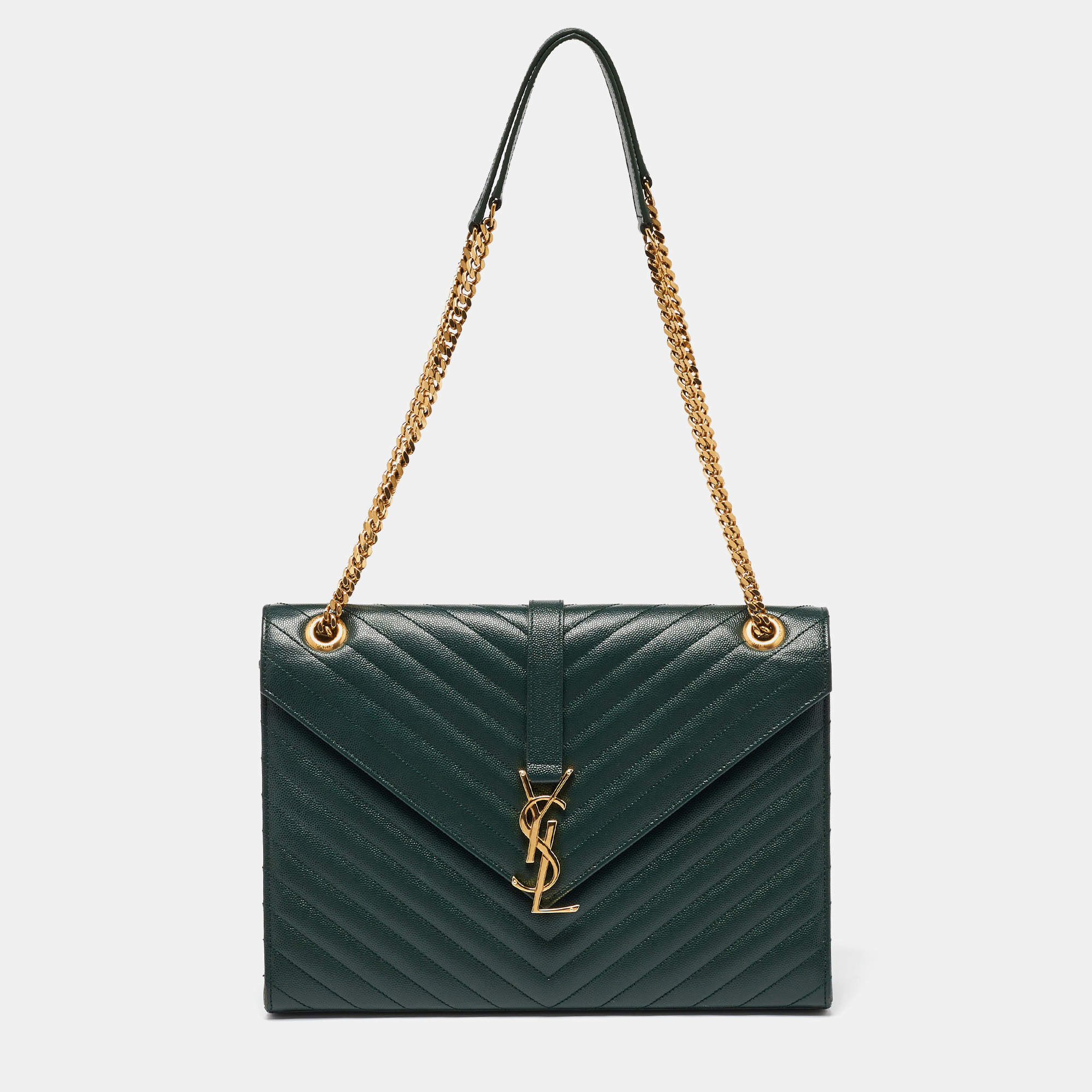 Pre Owned Saint Laurent Green Matelasse Leather Large Monogram Envelope Shoulder Bag