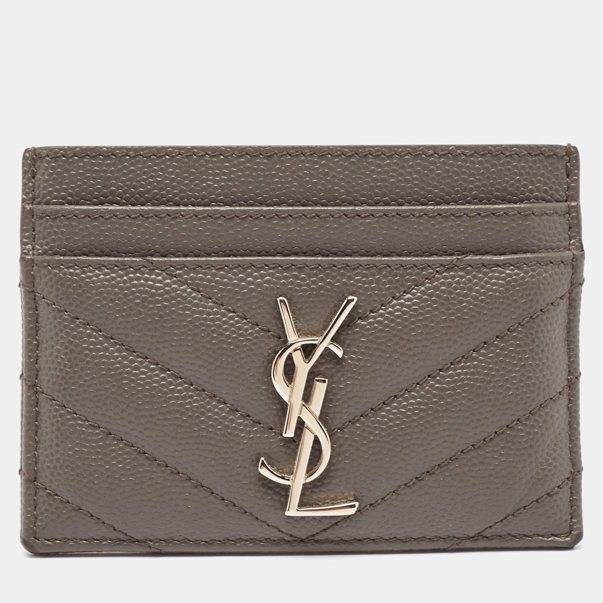 Saint Laurent Grey Matelasse Leather Monogram Card Holder