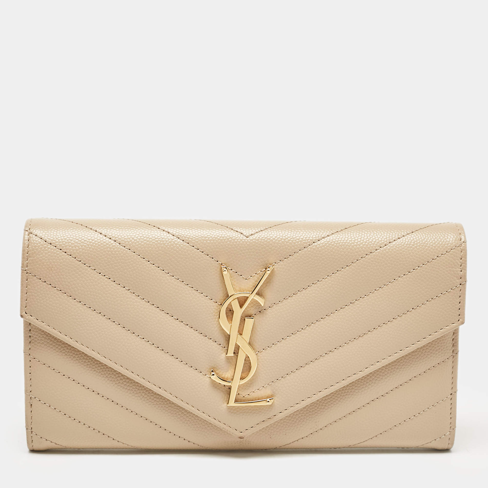 Saint Laurent Beige Matelassé Leather Monogram Flap Wallet