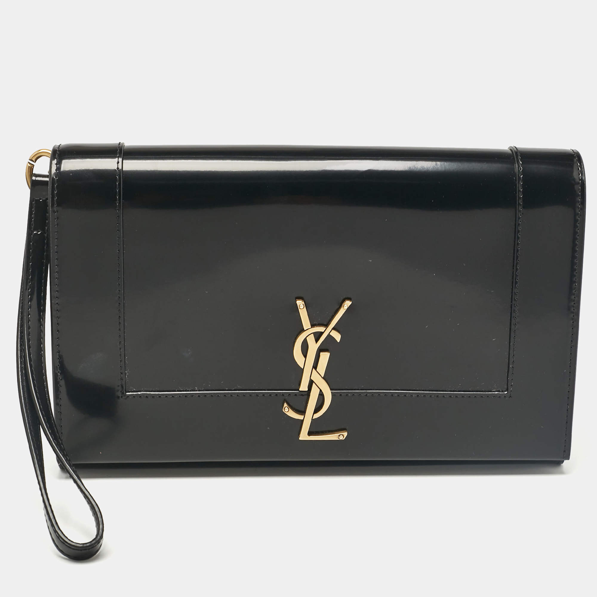 Saint Laurent Black Patent Leather Cassandre Flap Wristlet Clutch