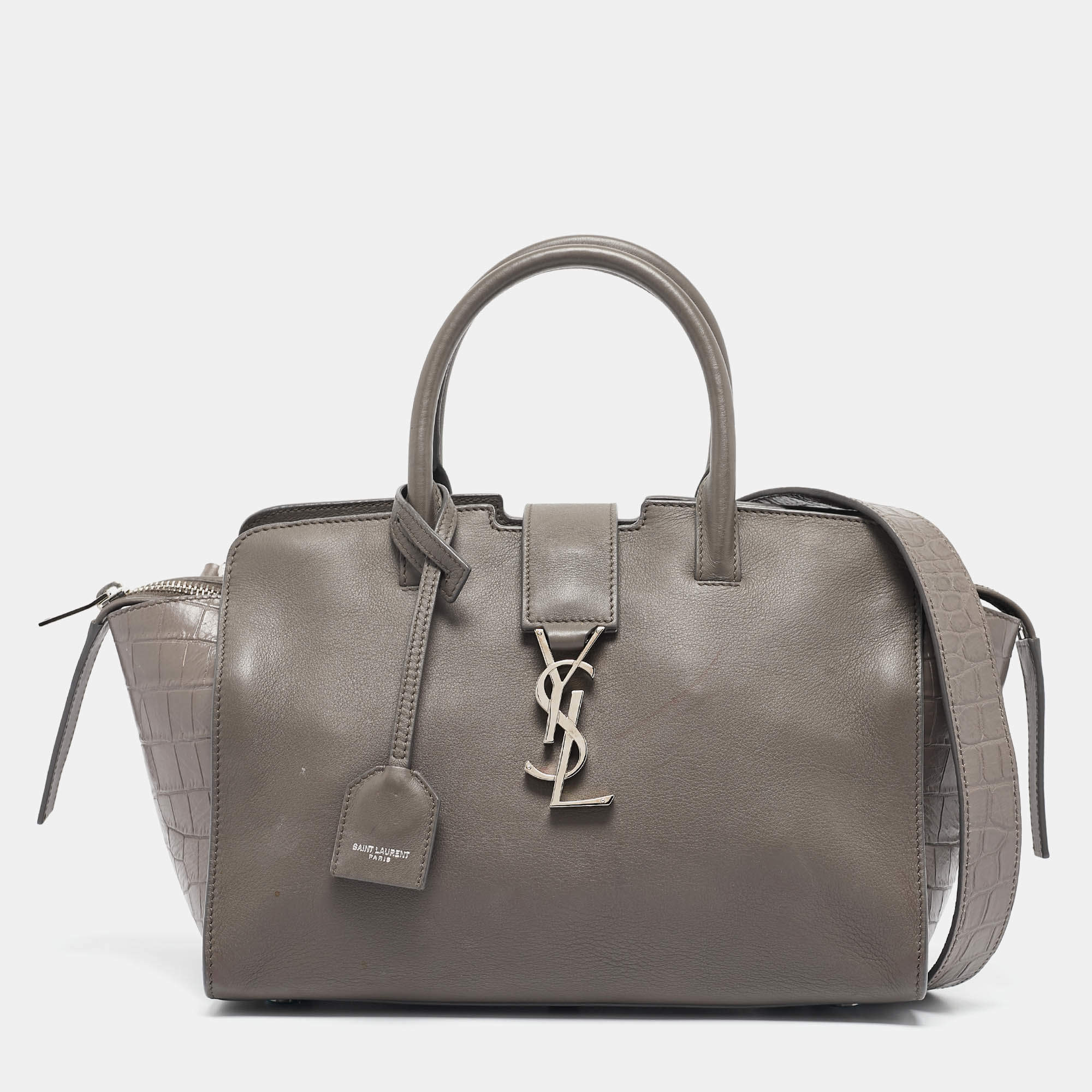 Saint Laurent Grey Croc Embossed and Leather Baby Downtown Cabas Tote